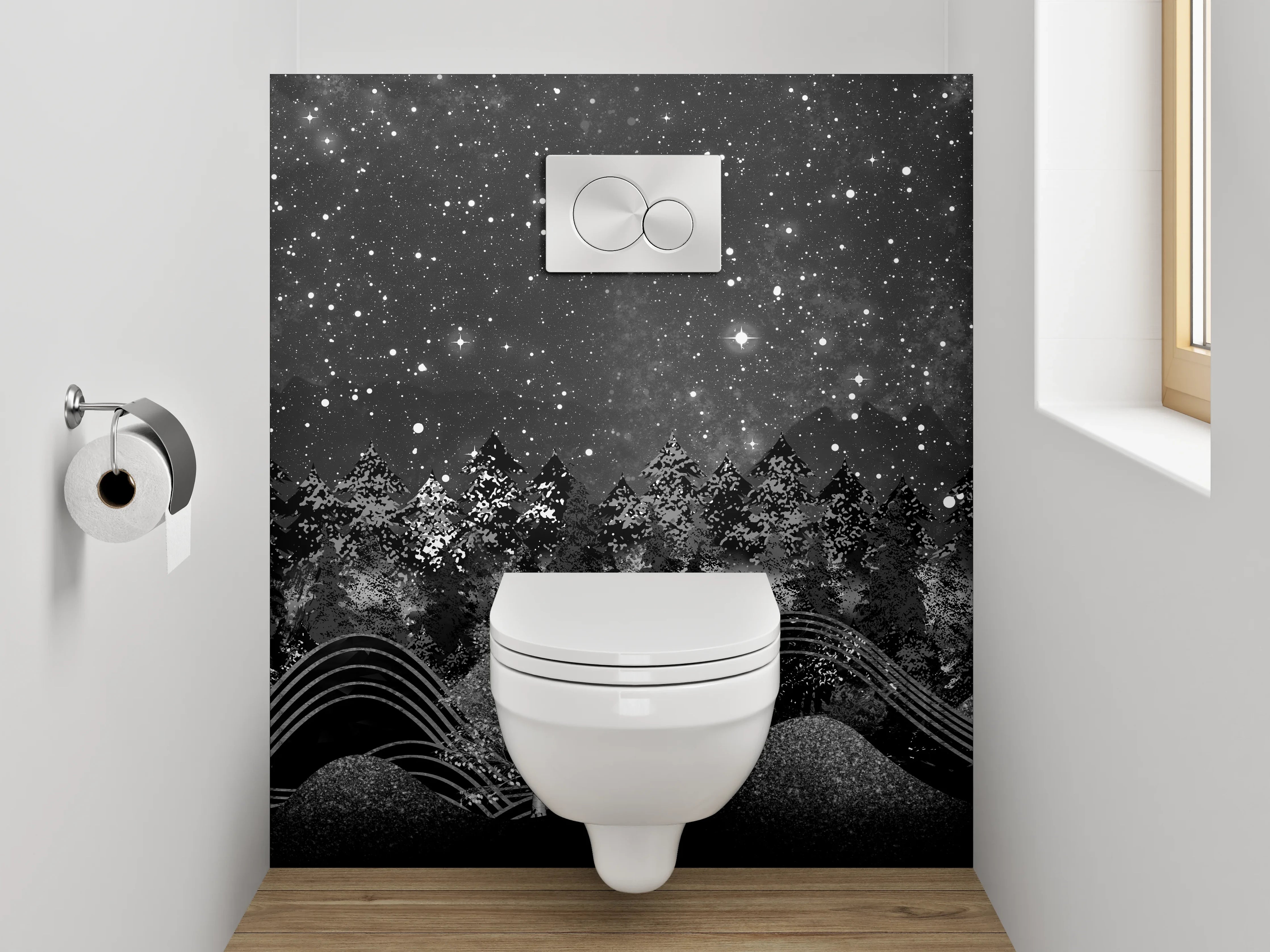 WC-Rückwand - Sternenhimmel Waldnacht Schwarz-Weiß Kunst