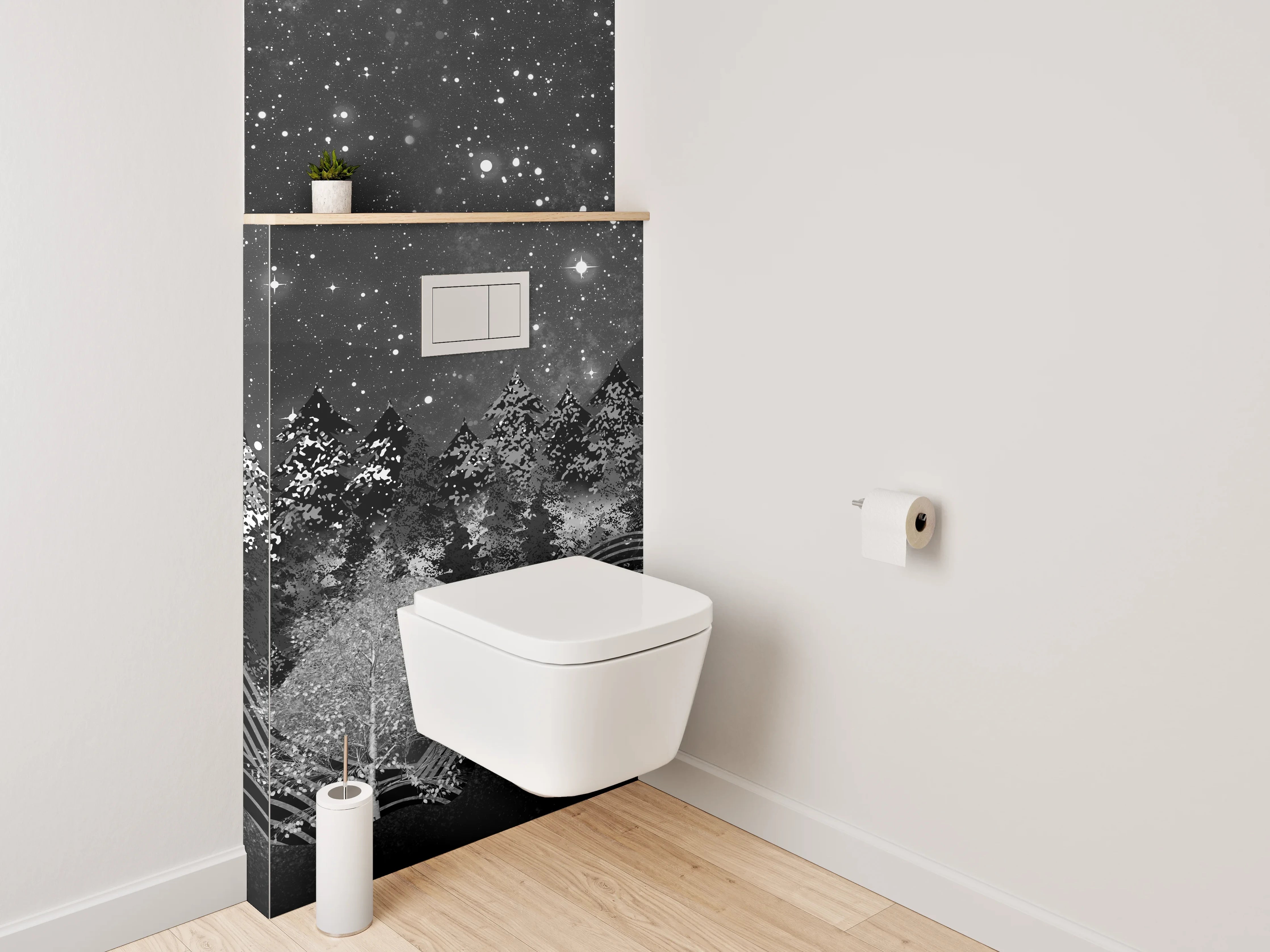 WC-Rückwand - Sternenhimmel Waldnacht Schwarz-Weiß Kunst