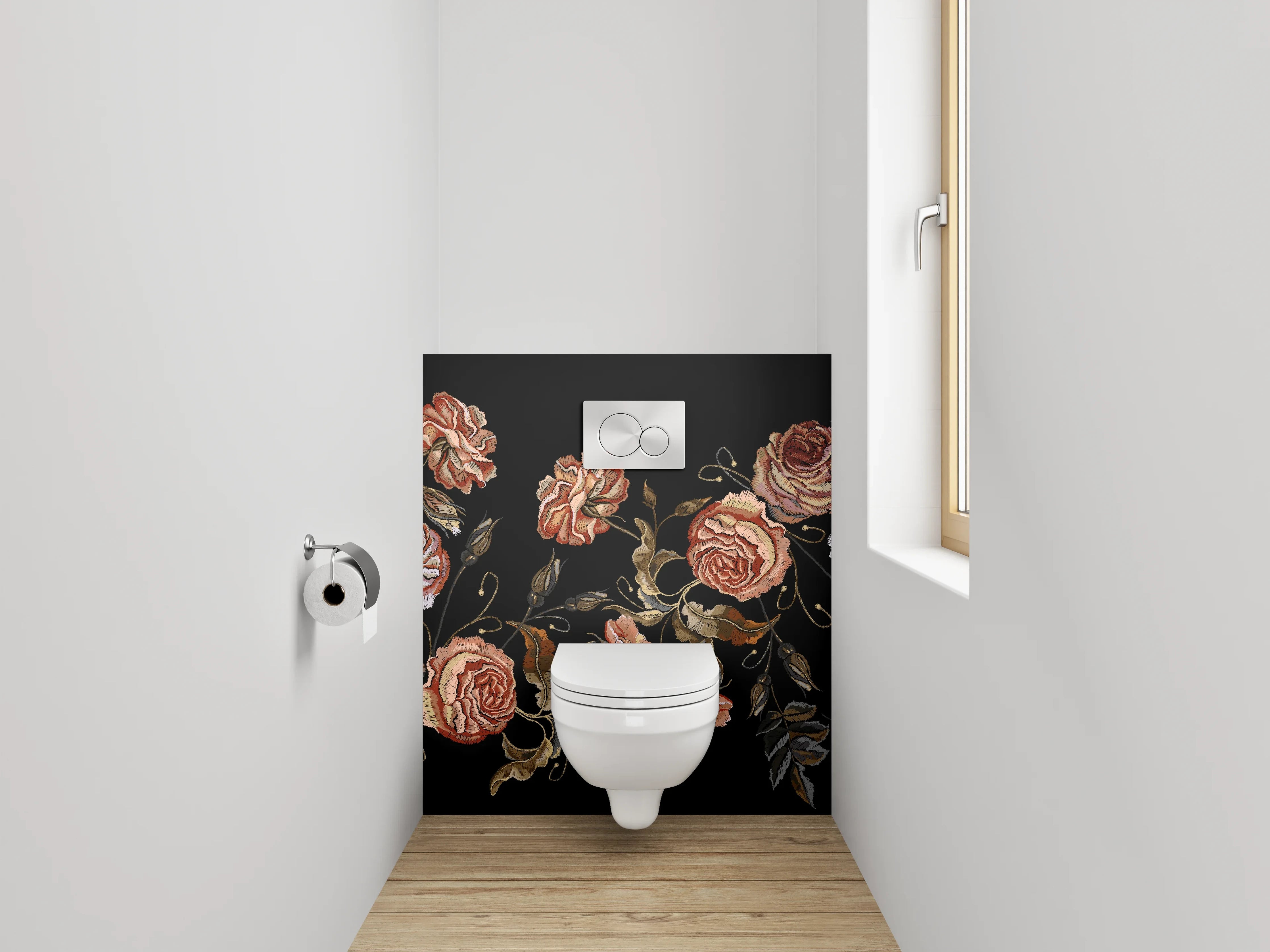 WC-Rückwand - Stickerei-Rosen auf Schwarz Blumenmuster