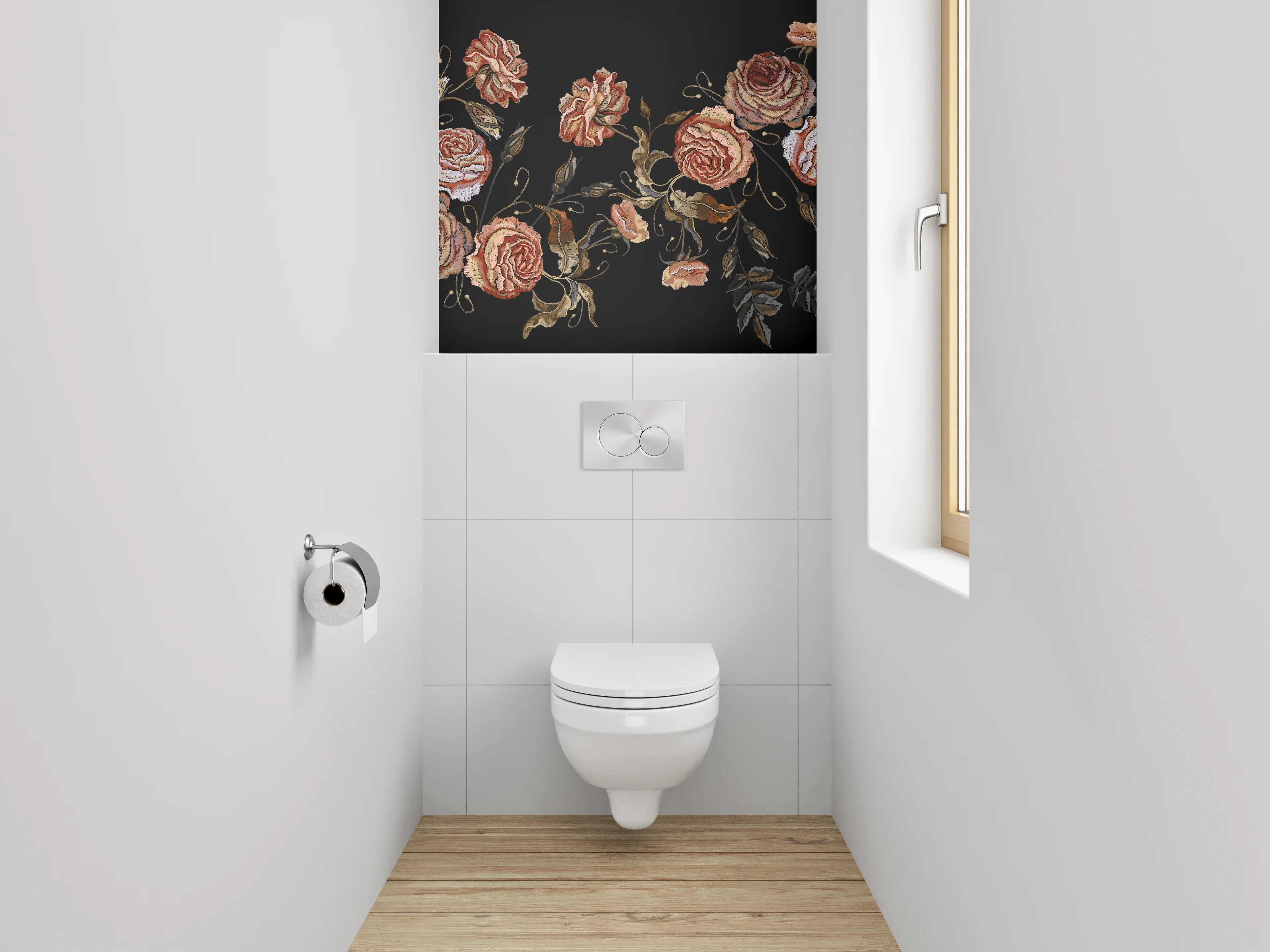 WC-Rückwand - Stickerei-Rosen auf Schwarz Blumenmuster