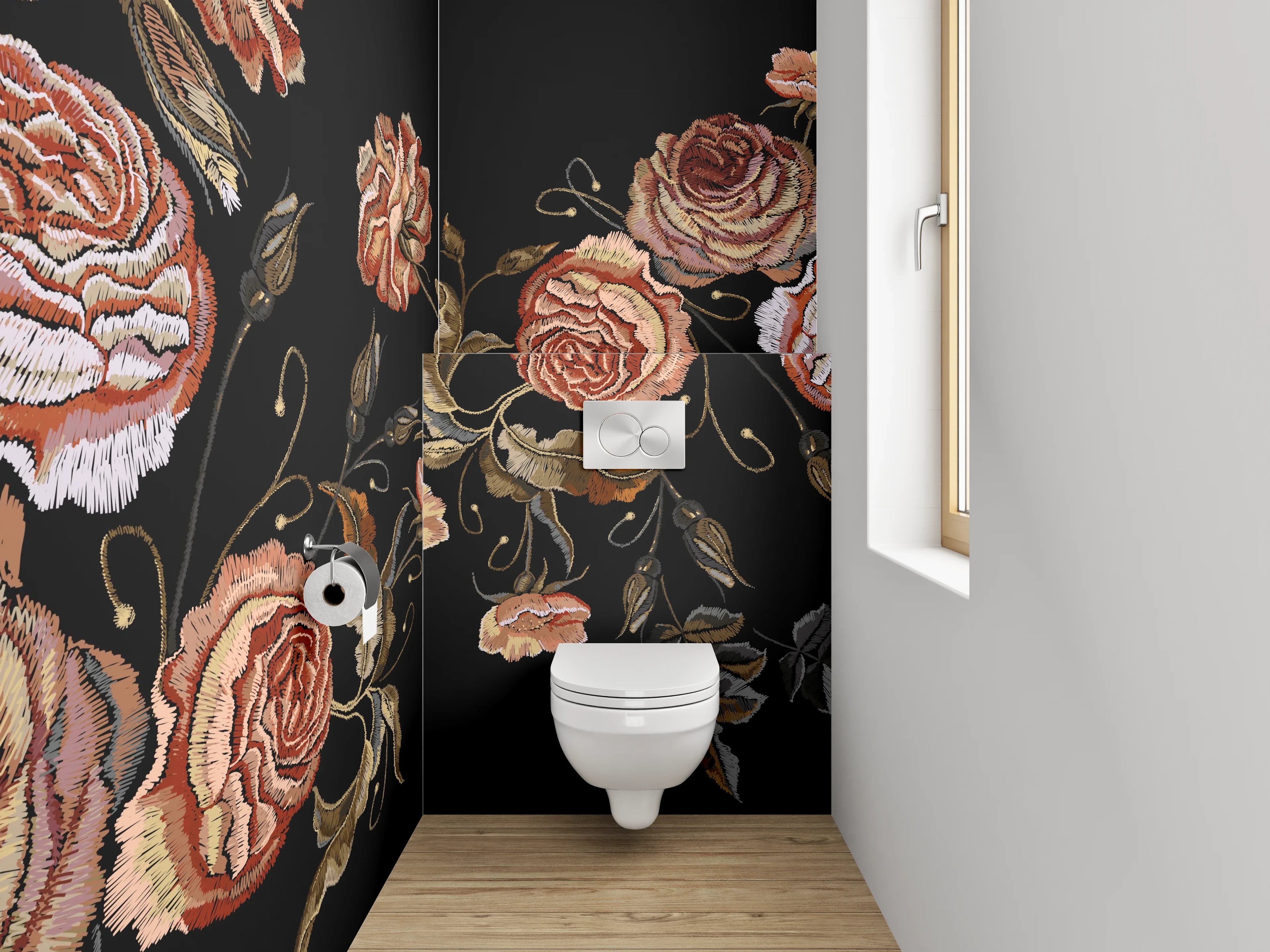WC-Rückwand - Stickerei-Rosen auf Schwarz Blumenmuster