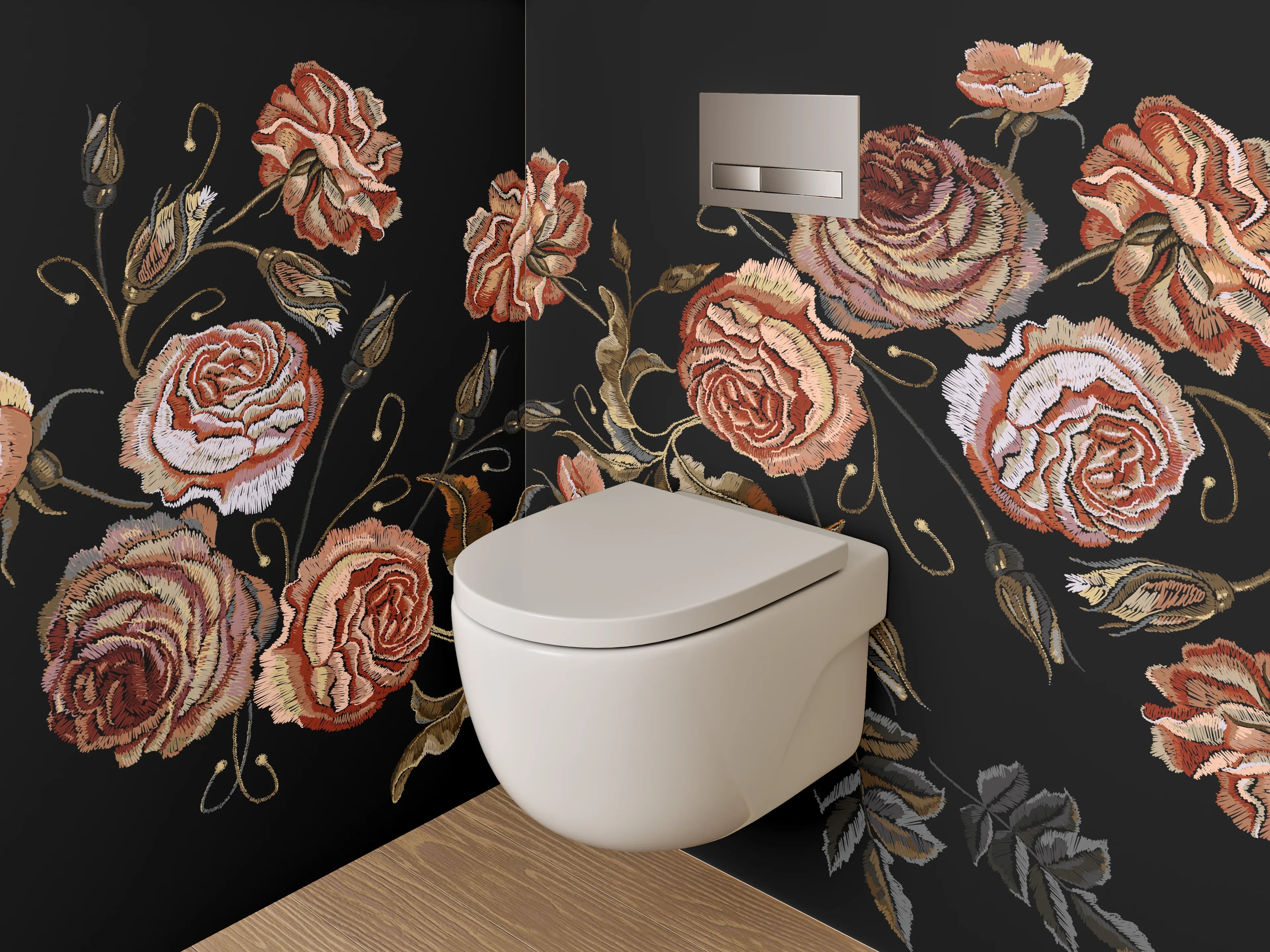 WC-Rückwand - Stickerei-Rosen auf Schwarz Blumenmuster