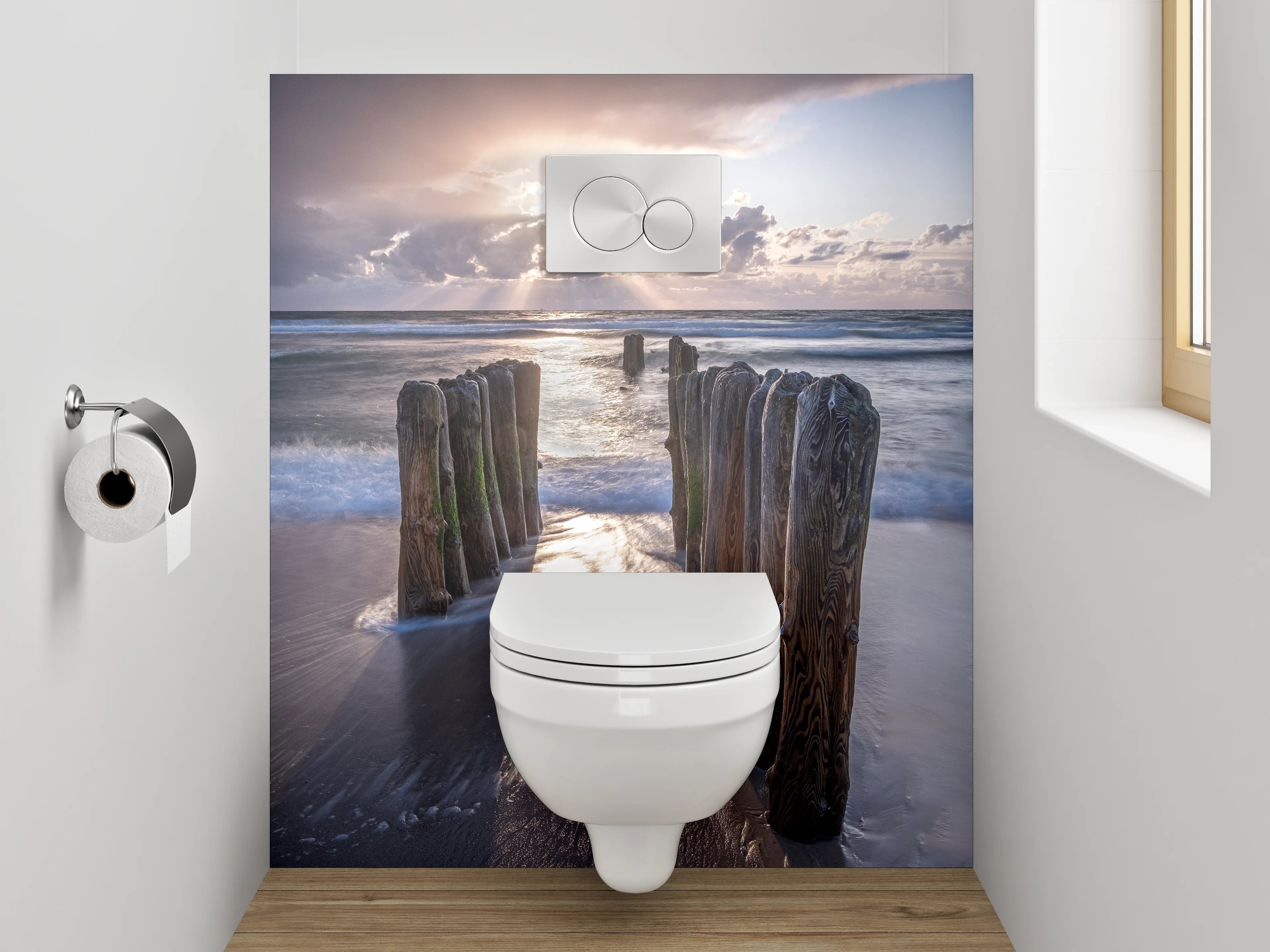 WC-Rückwand - Strand Sonnenaufgang Holzpfähle