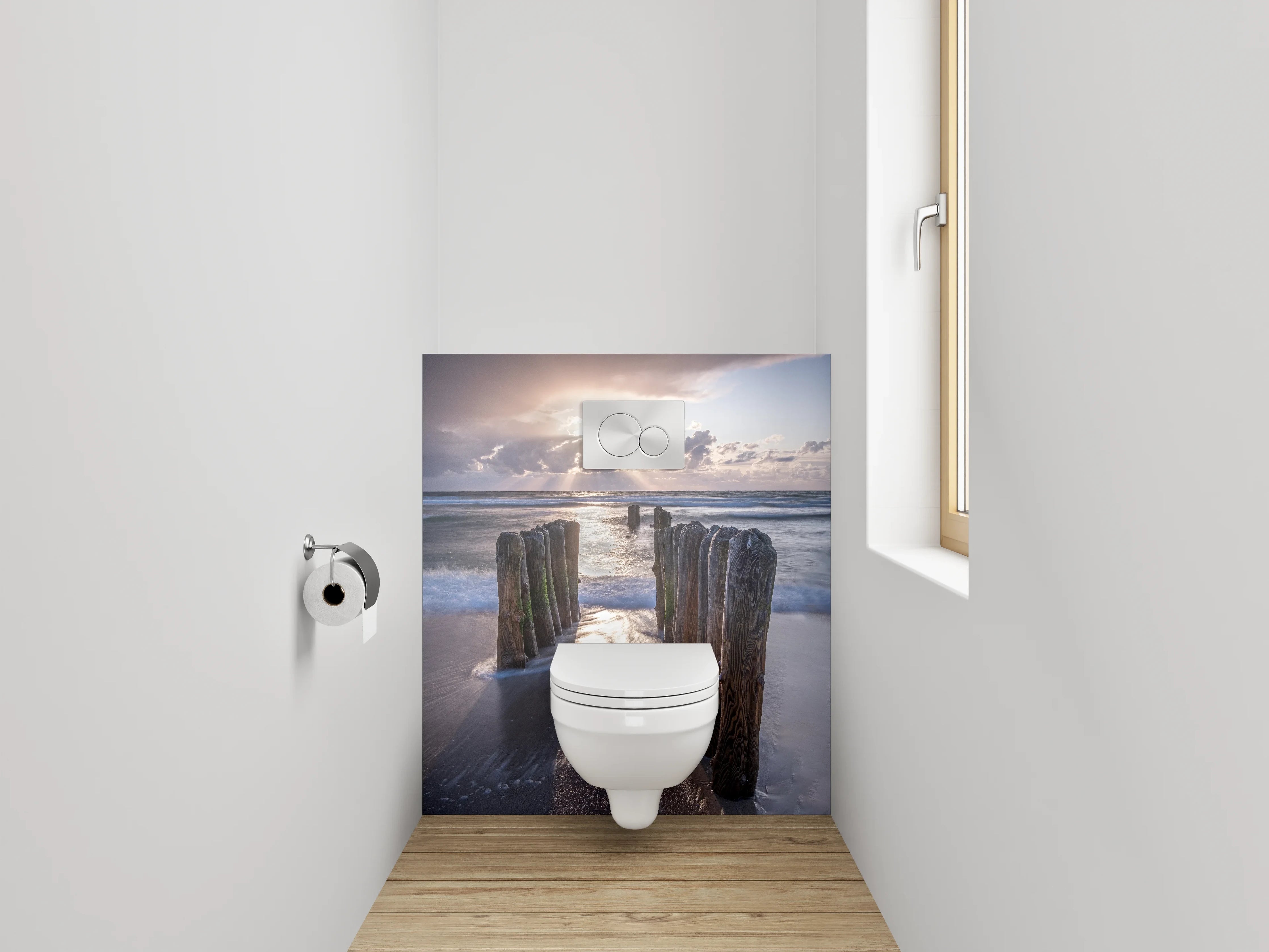WC-Rückwand - Strand Sonnenaufgang Holzpfähle