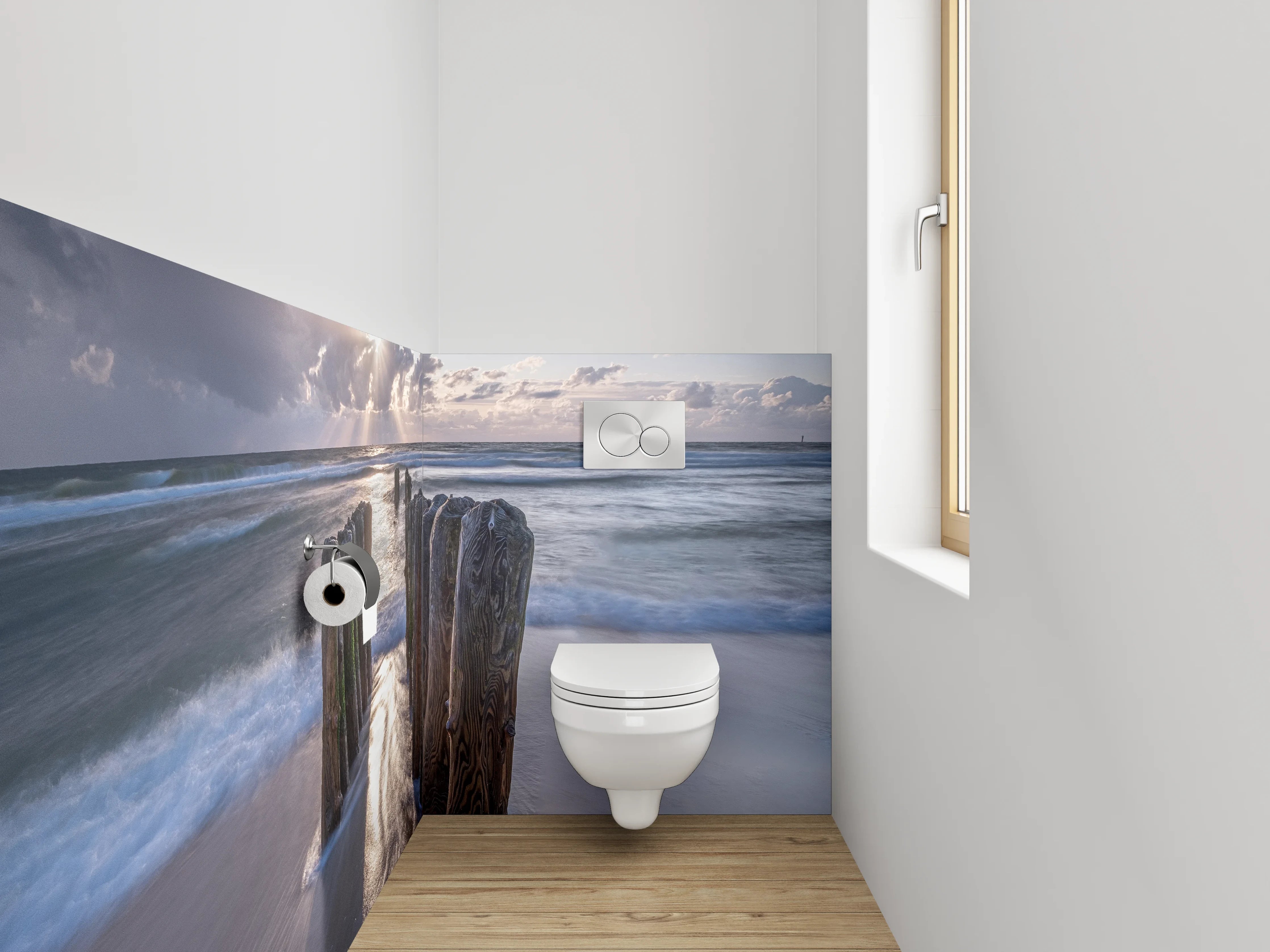 WC-Rückwand - Strand Sonnenaufgang Holzpfähle