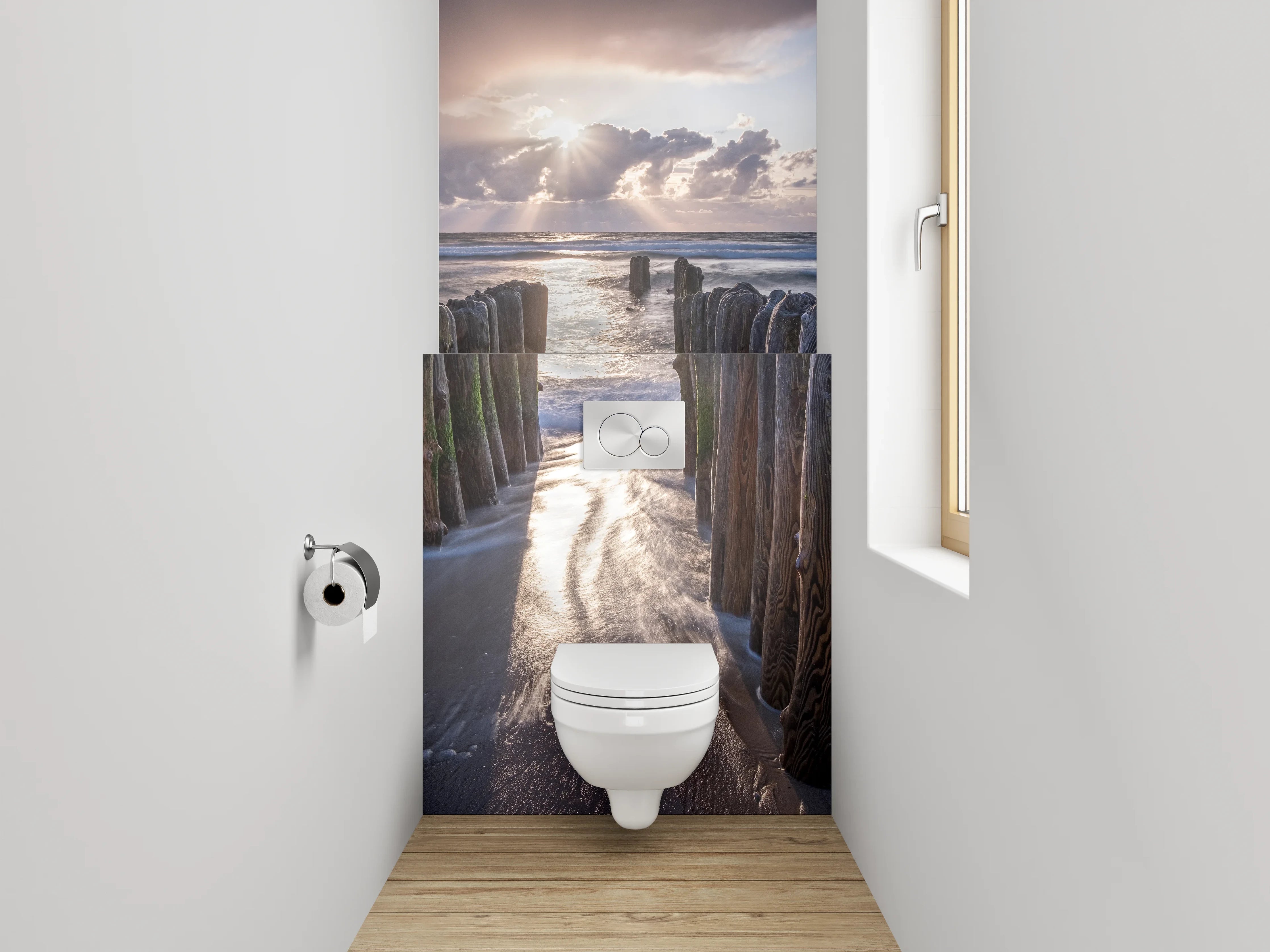 WC-Rückwand - Strand Sonnenaufgang Holzpfähle