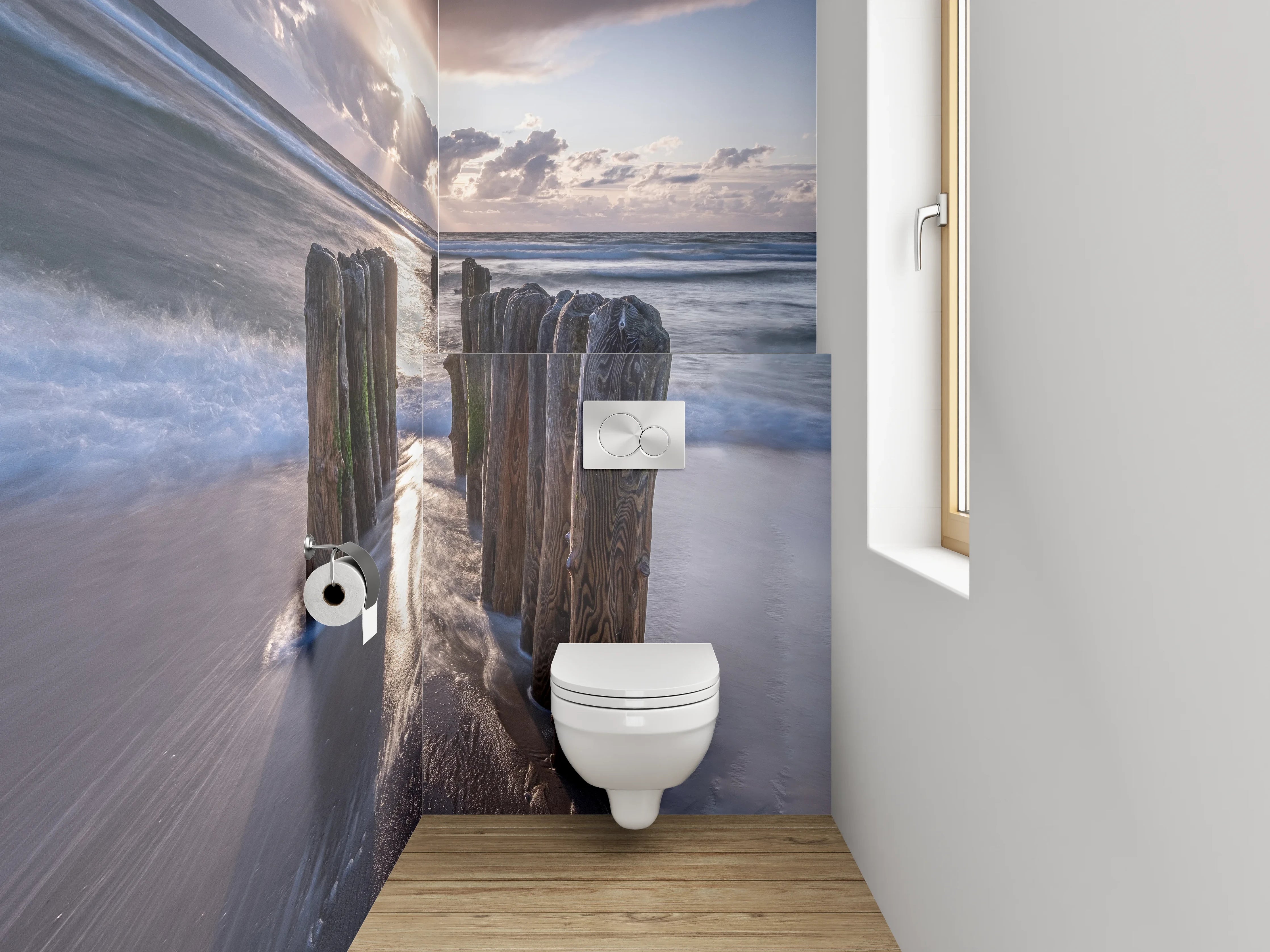 WC-Rückwand - Strand Sonnenaufgang Holzpfähle