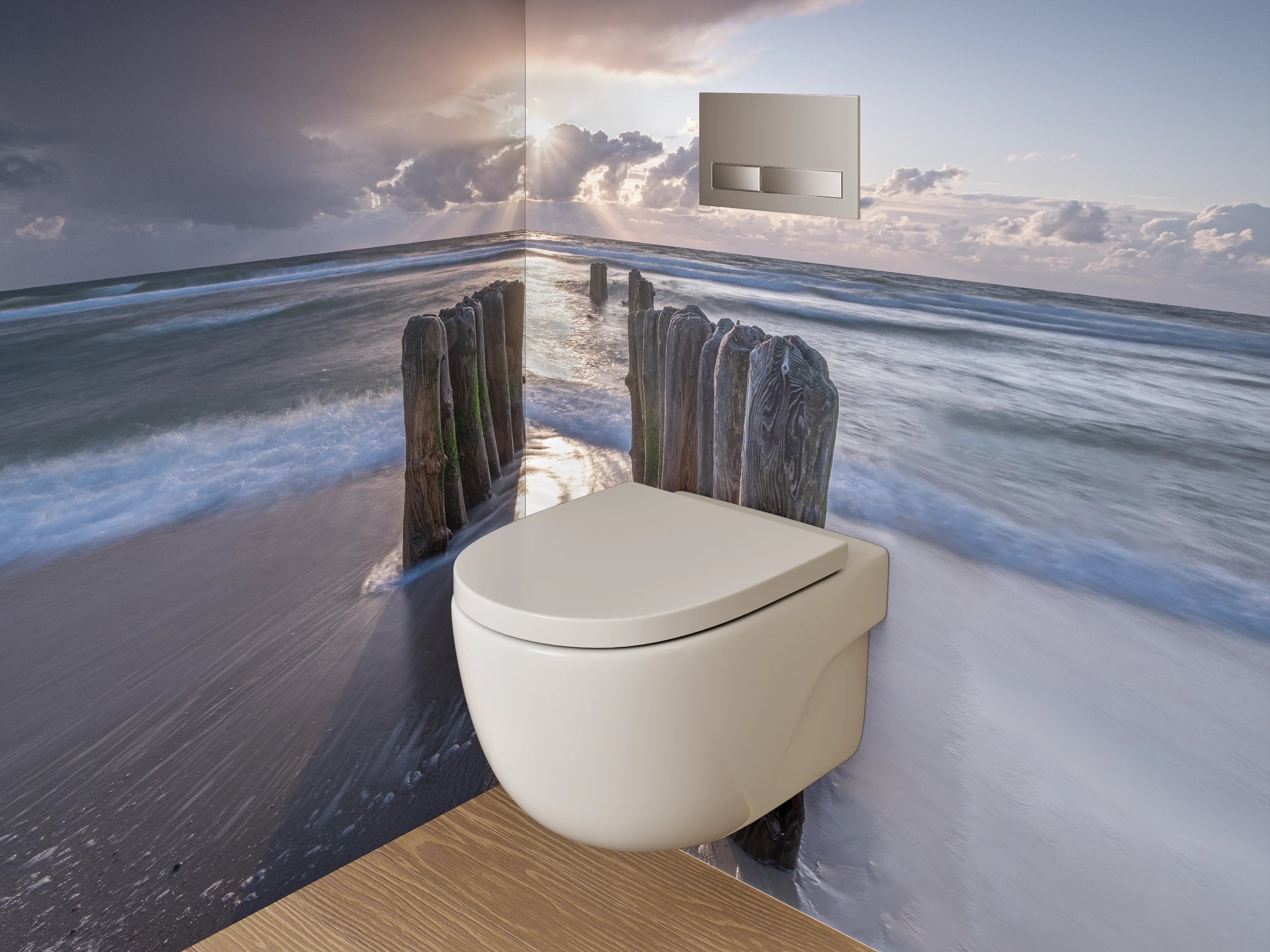WC-Rückwand - Strand Sonnenaufgang Holzpfähle