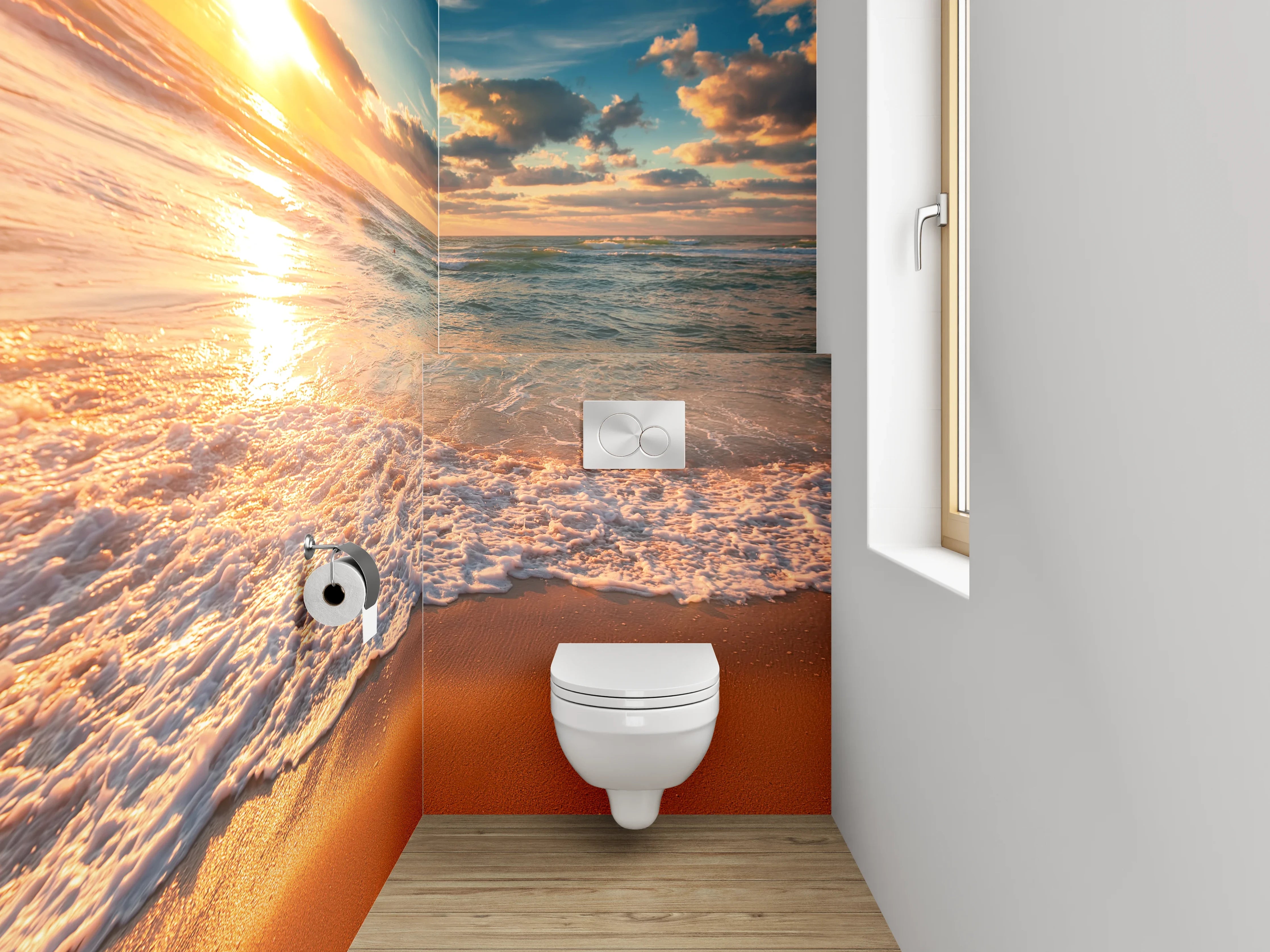 WC-Rückwand - Strand Sonnenuntergang Meereswellen Fotomotiv