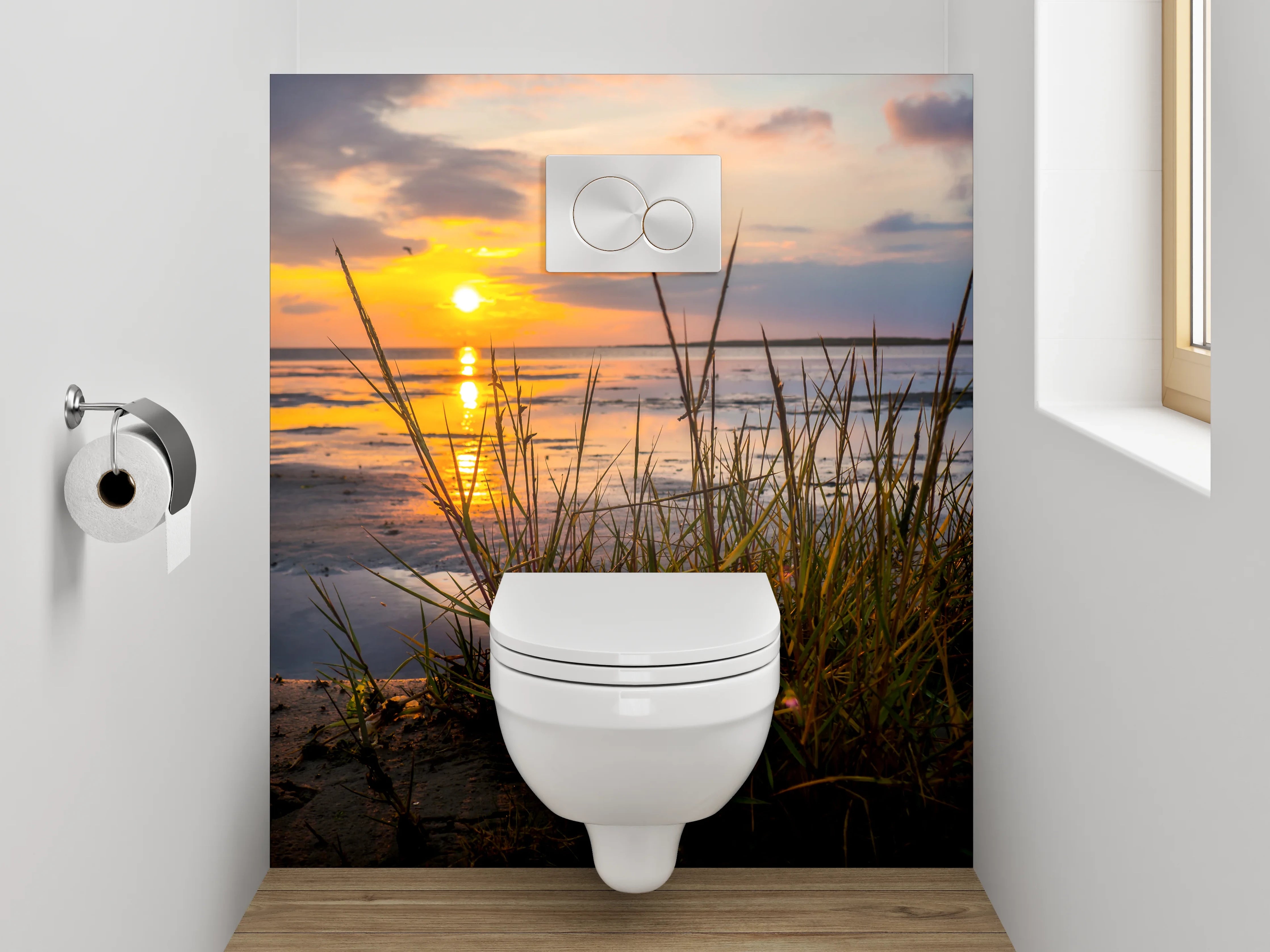 WC-Rückwand - Strand Sonnenuntergang mit Dünenpflanzen