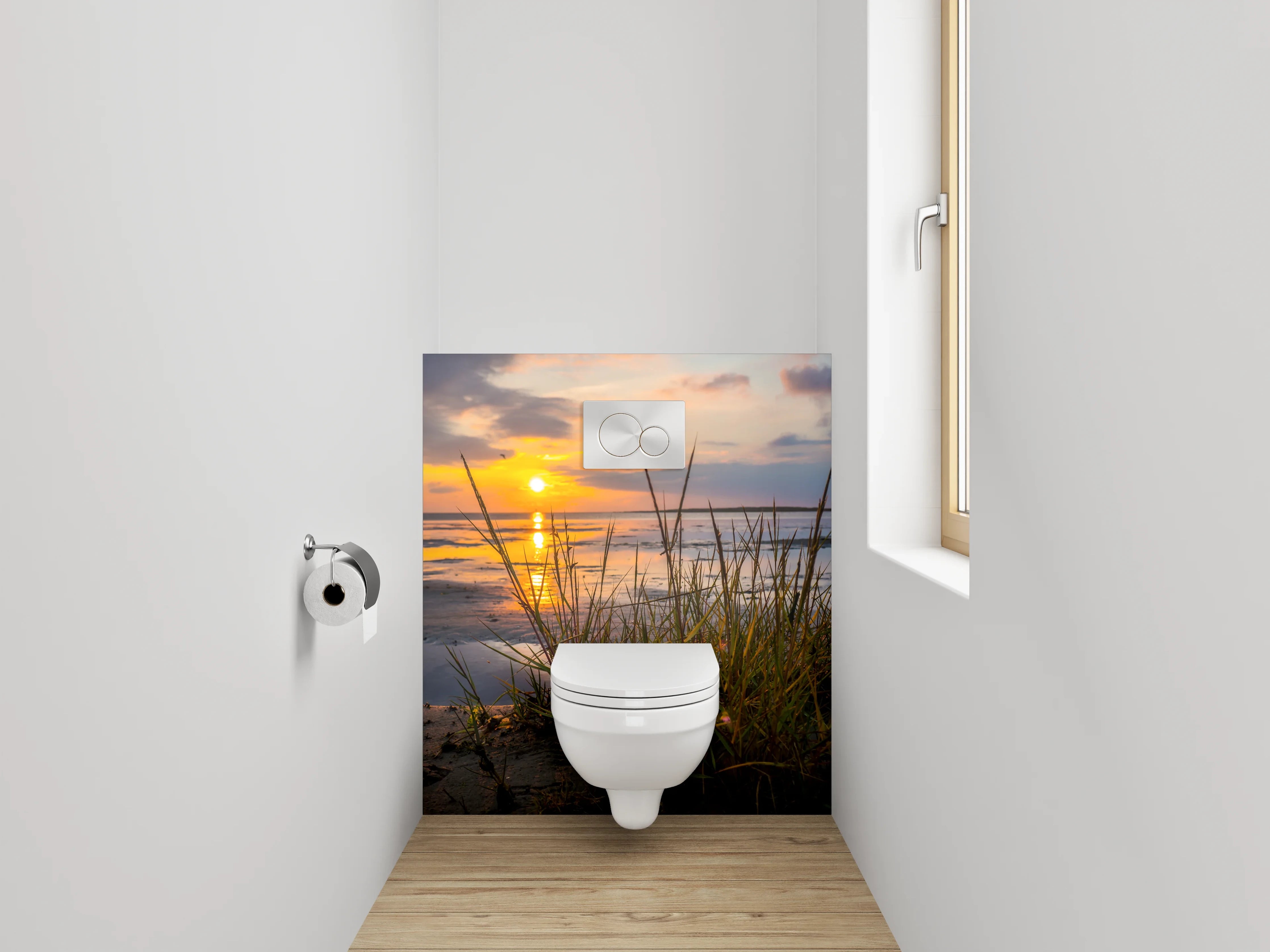 WC-Rückwand - Strand Sonnenuntergang mit Dünenpflanzen