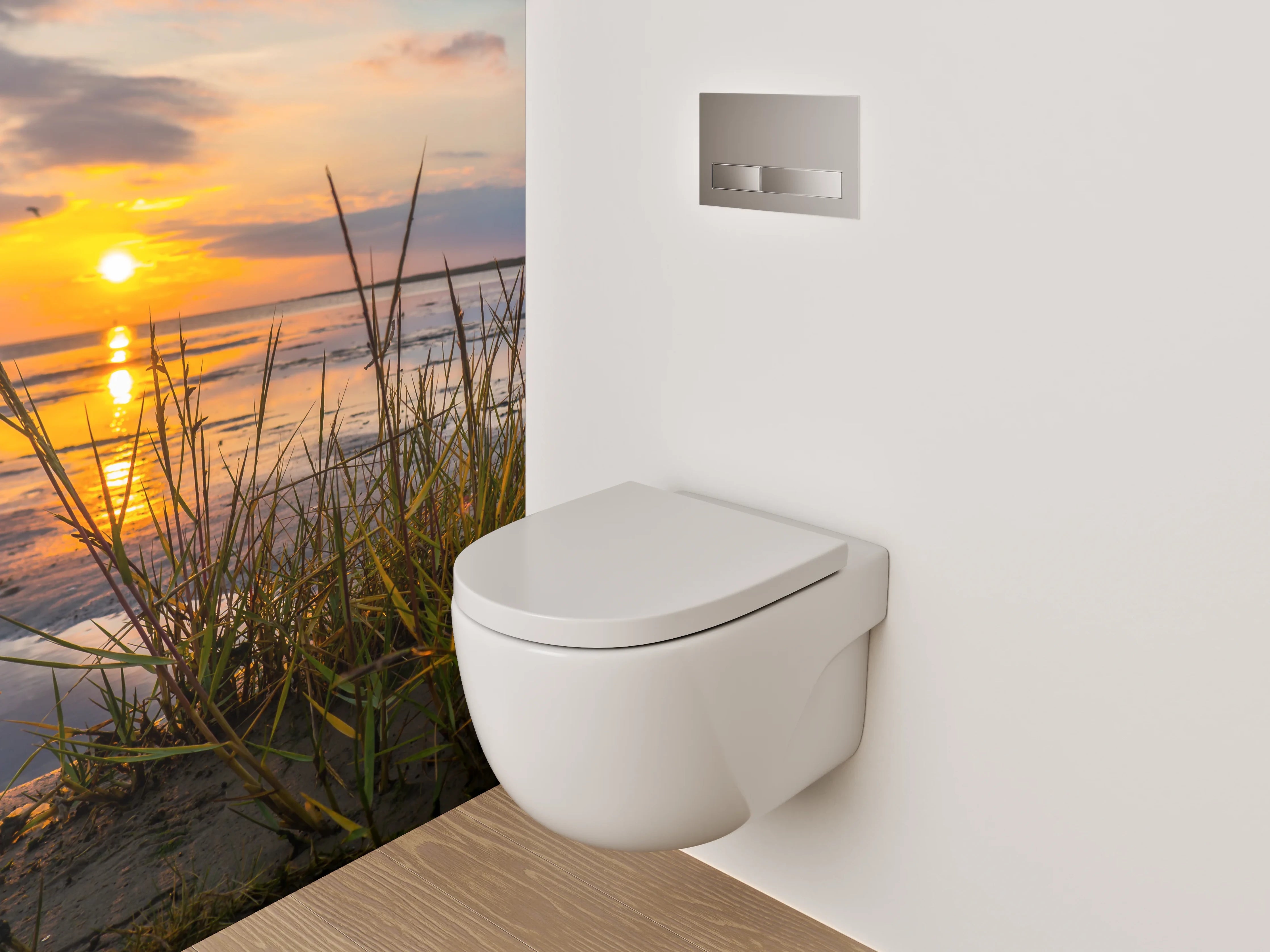 WC-Rückwand - Strand Sonnenuntergang mit Dünenpflanzen