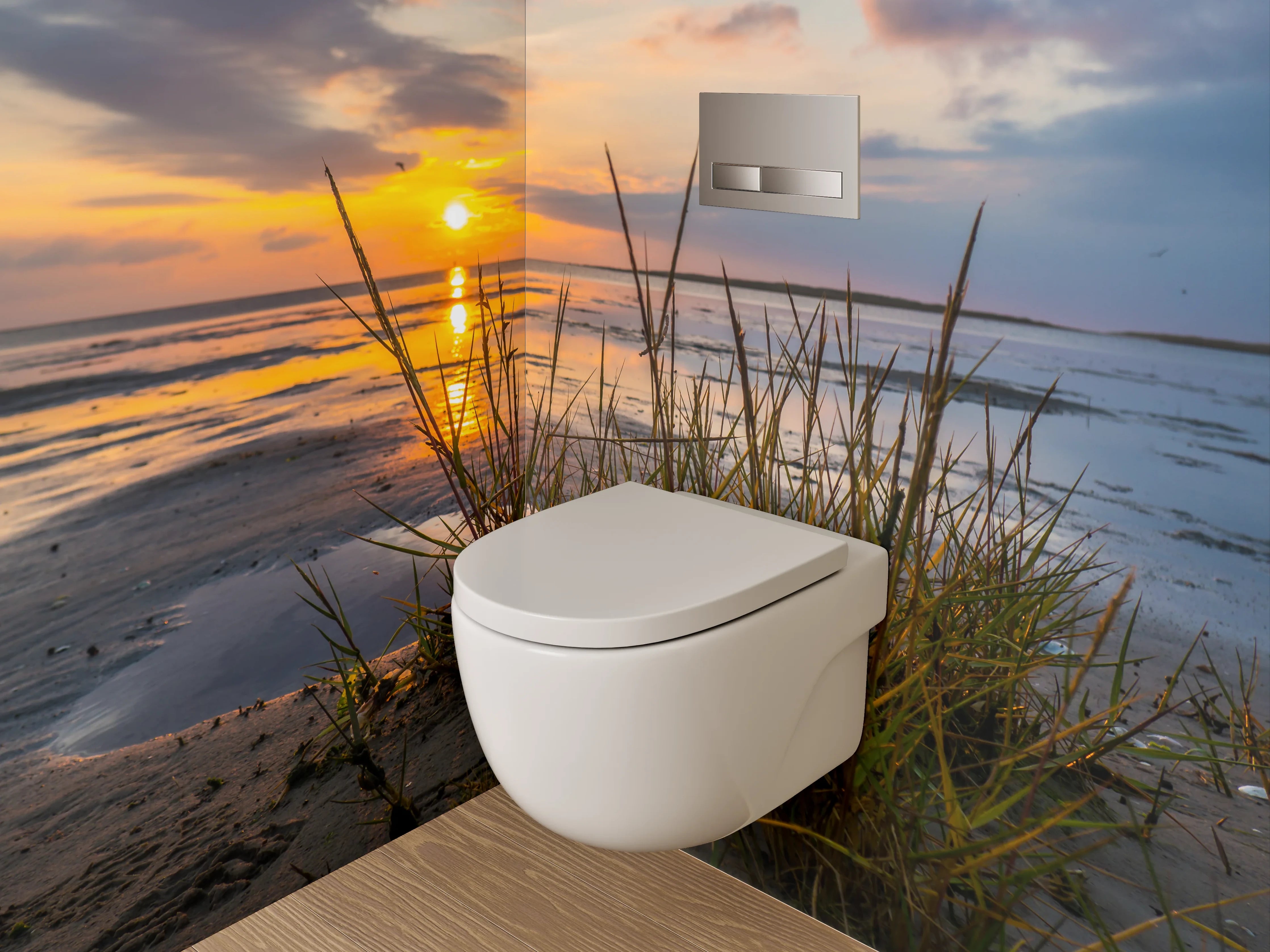 WC-Rückwand - Strand Sonnenuntergang mit Dünenpflanzen