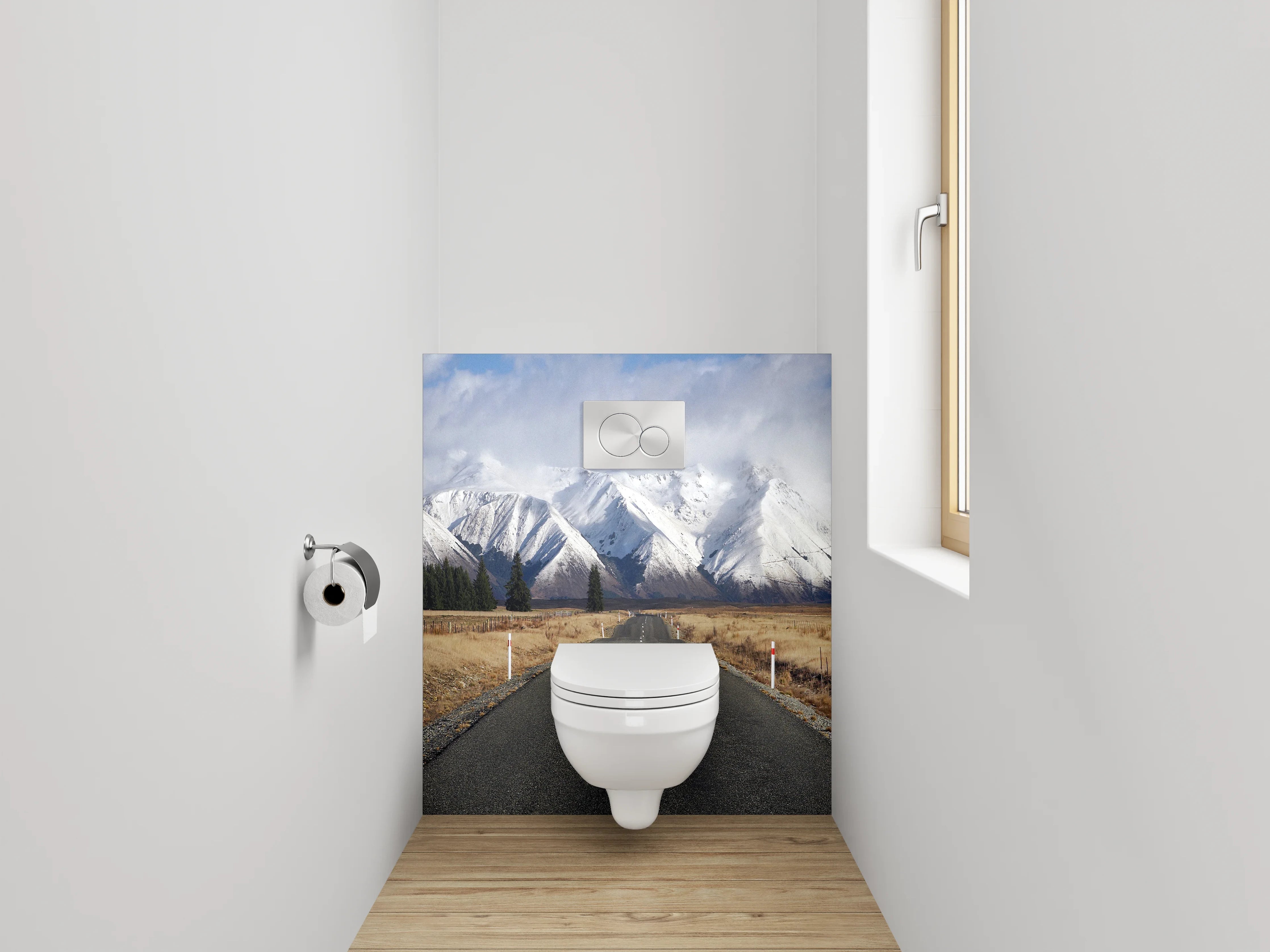 WC-Rückwand - Straße zu verschneiten Bergen Panorama