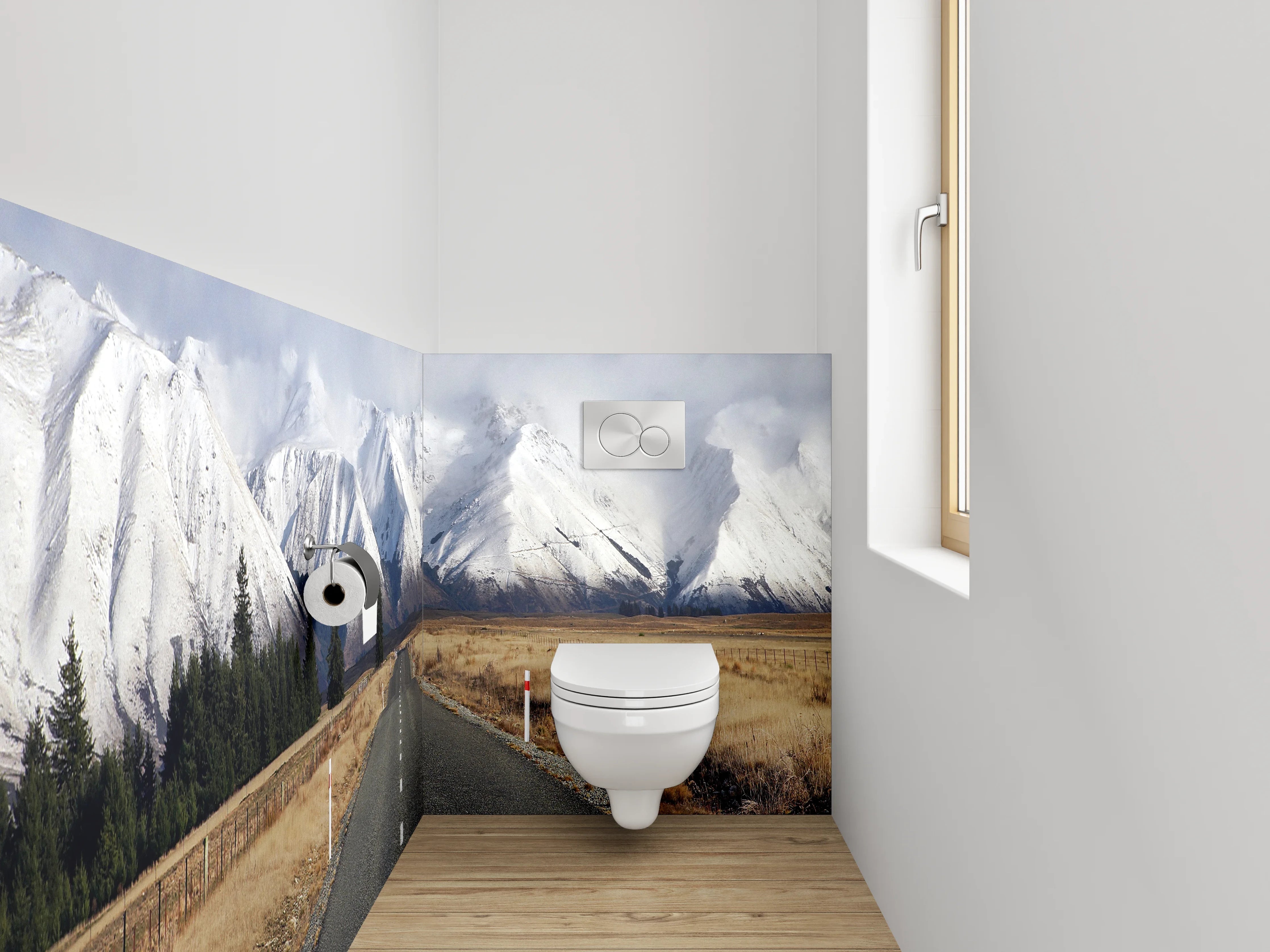 WC-Rückwand - Straße zu verschneiten Bergen Panorama