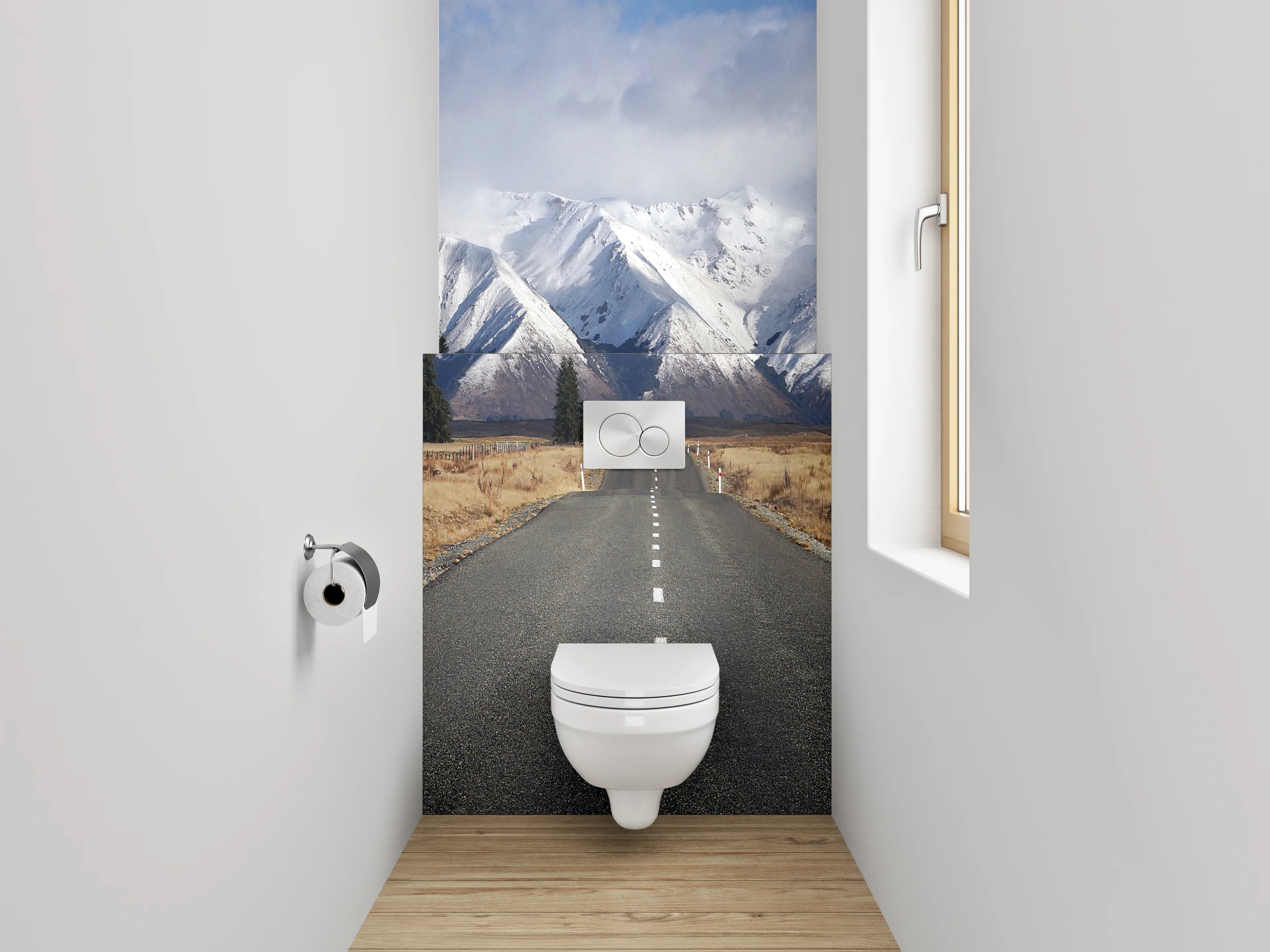 WC-Rückwand - Straße zu verschneiten Bergen Panorama