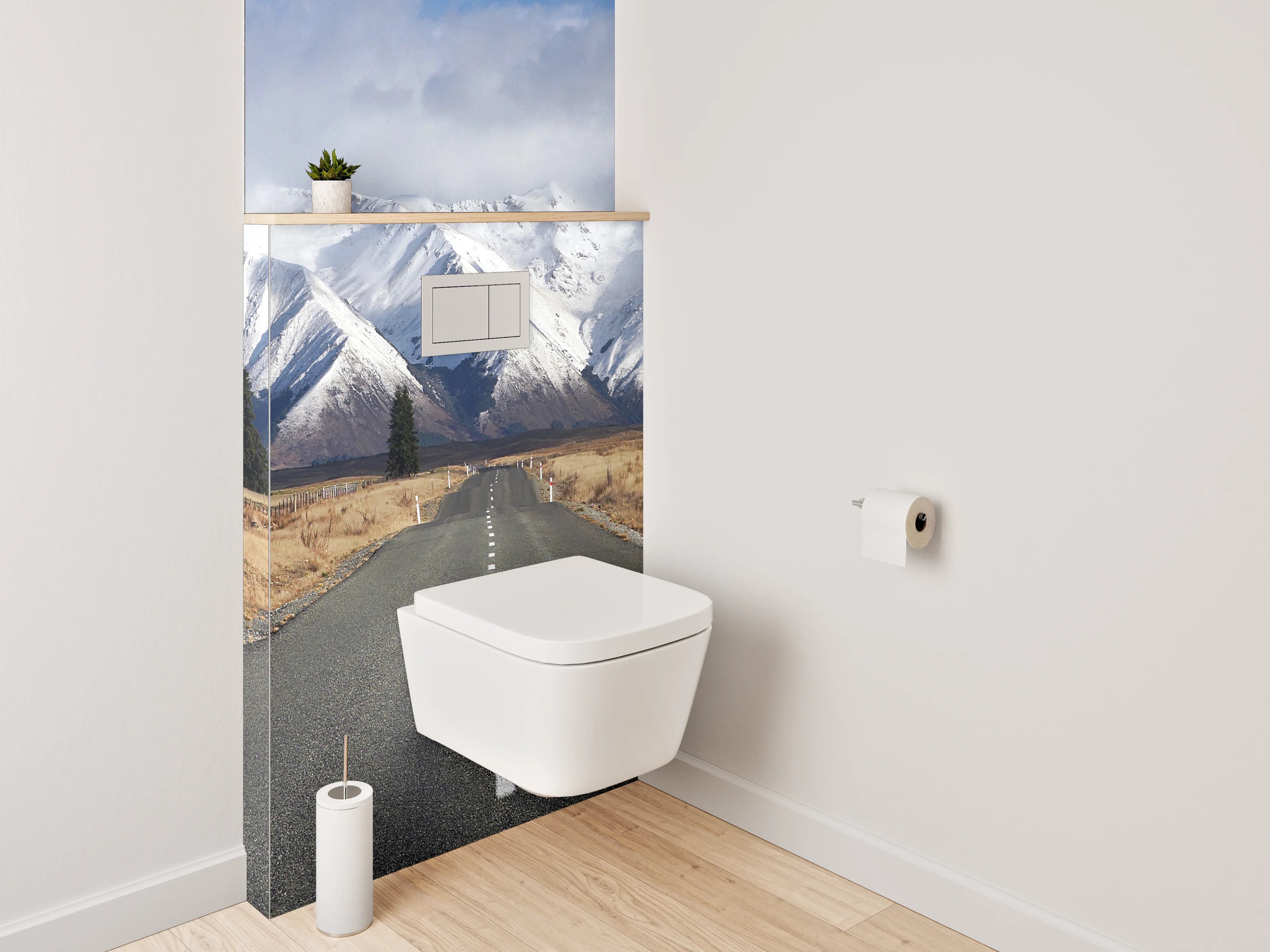 WC-Rückwand - Straße zu verschneiten Bergen Panorama