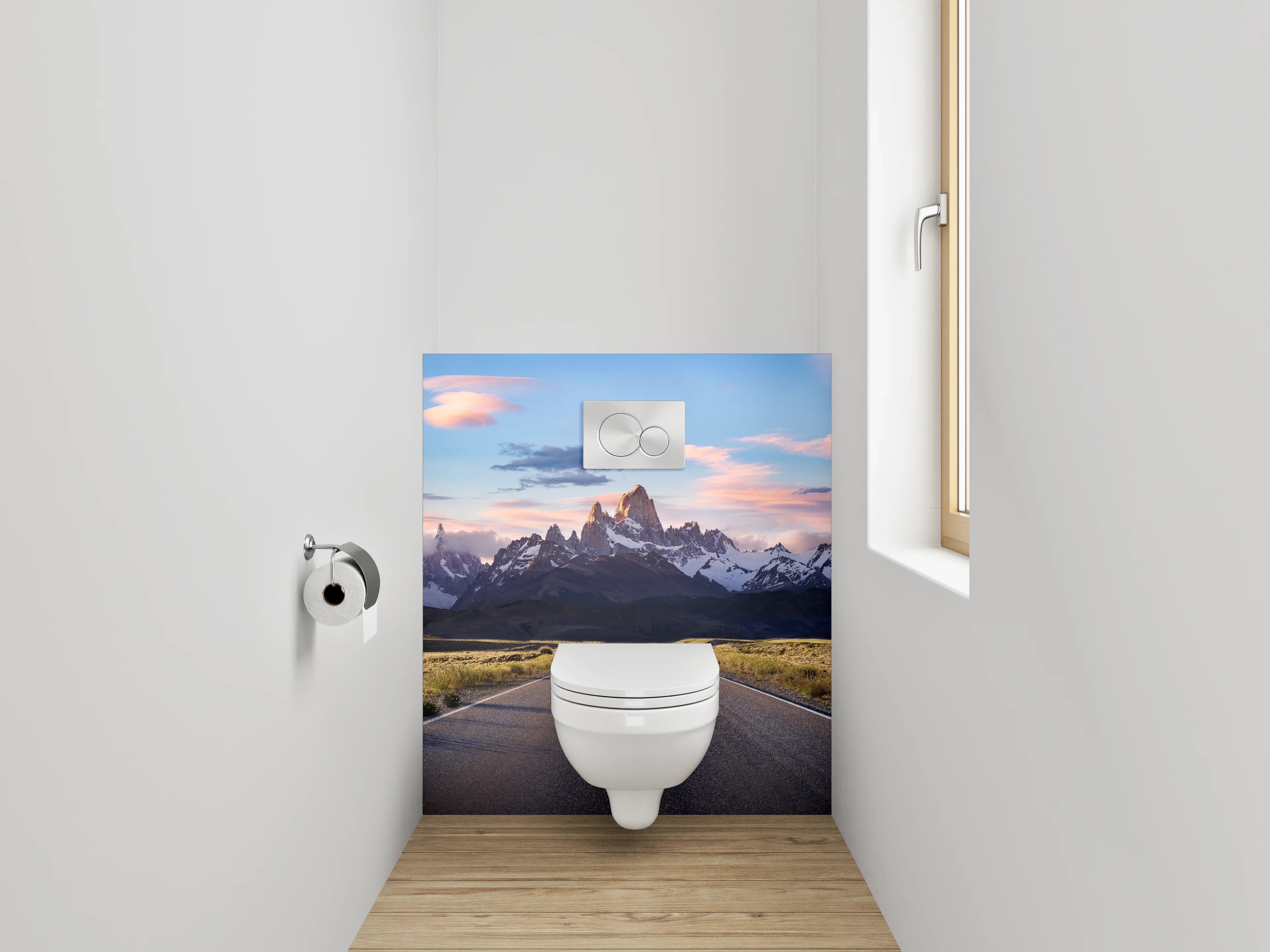 WC-Rückwand - Straße zum Sonnenaufgang am Gebirge