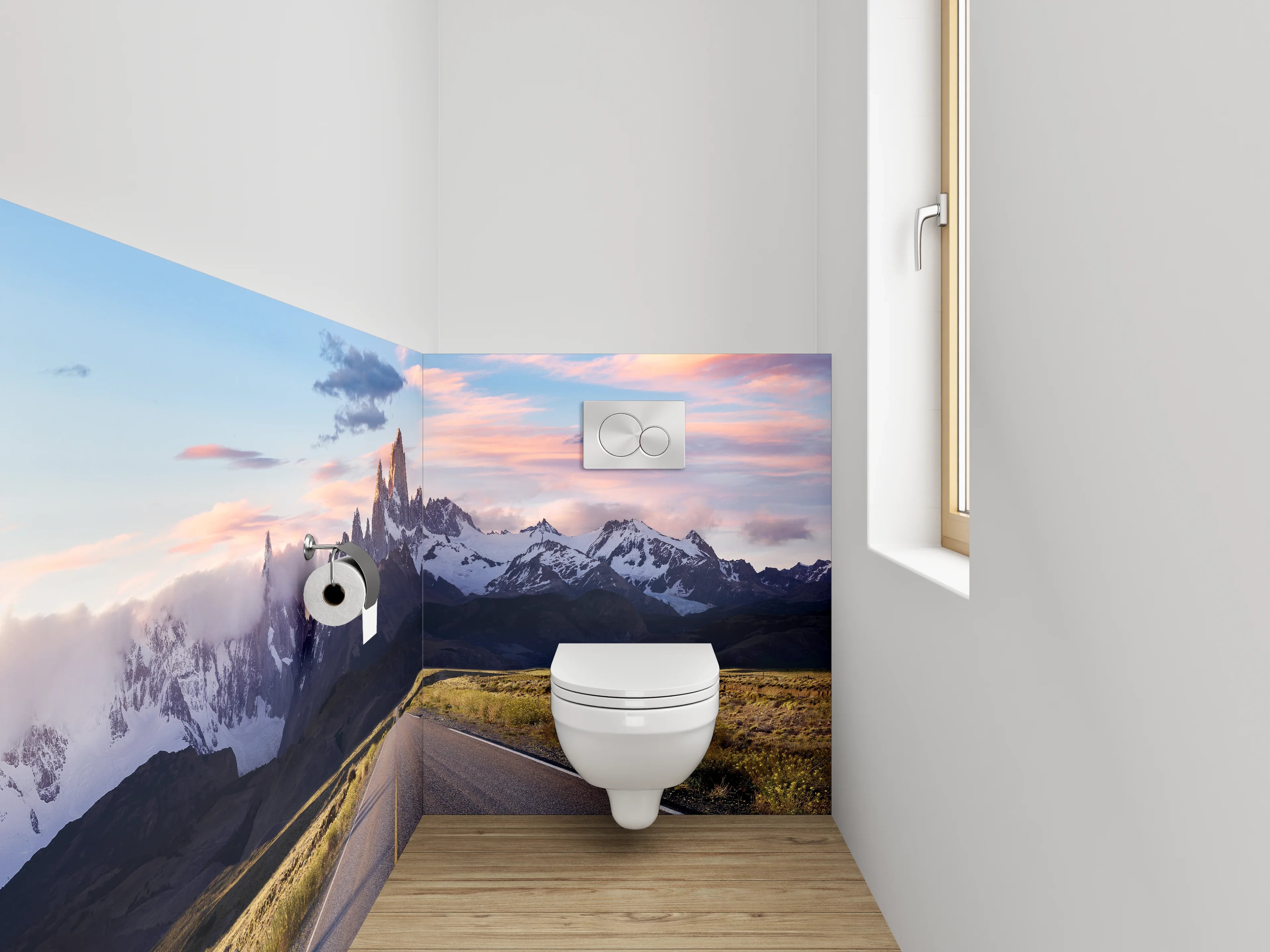 WC-Rückwand - Straße zum Sonnenaufgang am Gebirge