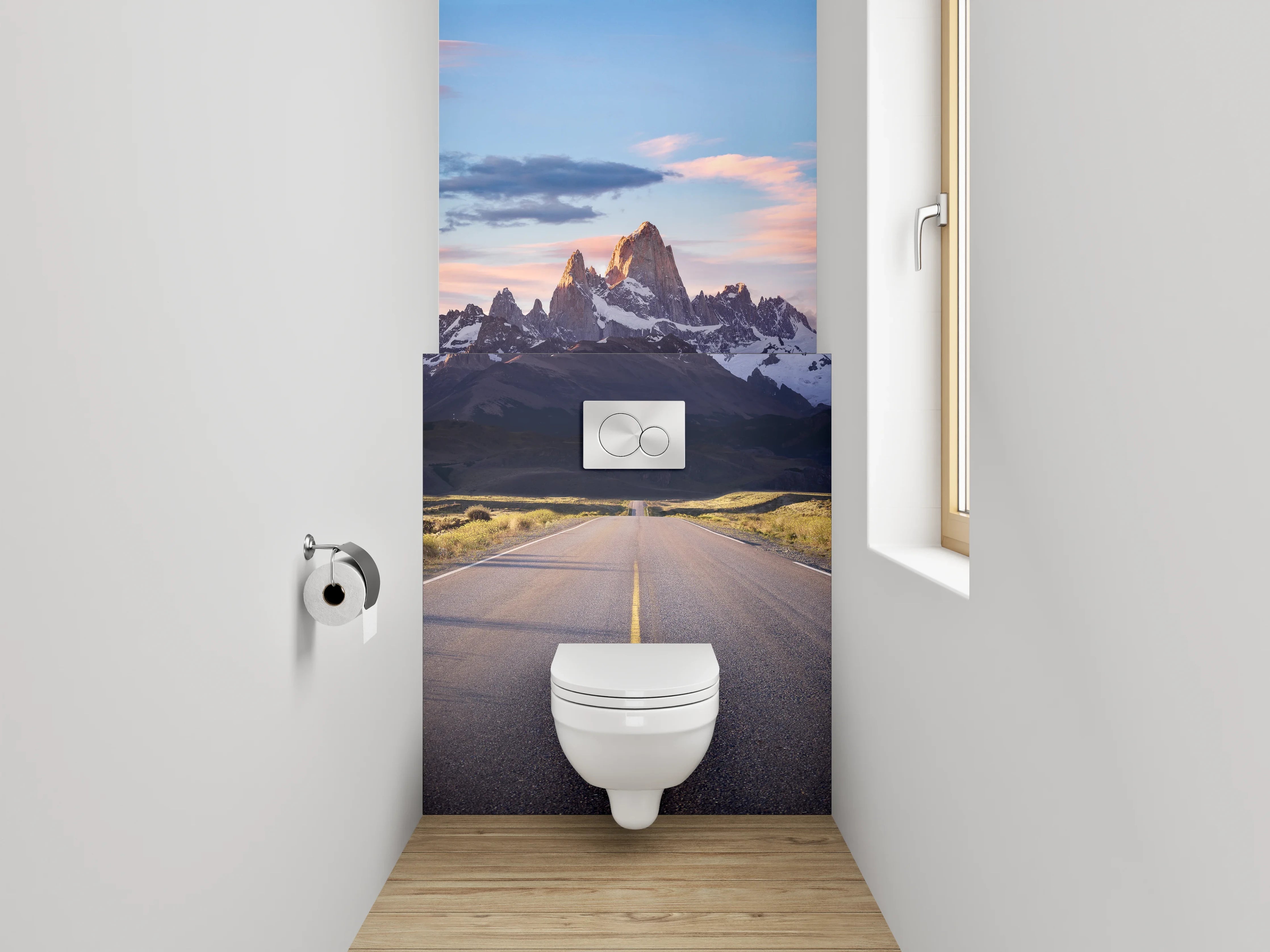WC-Rückwand - Straße zum Sonnenaufgang am Gebirge