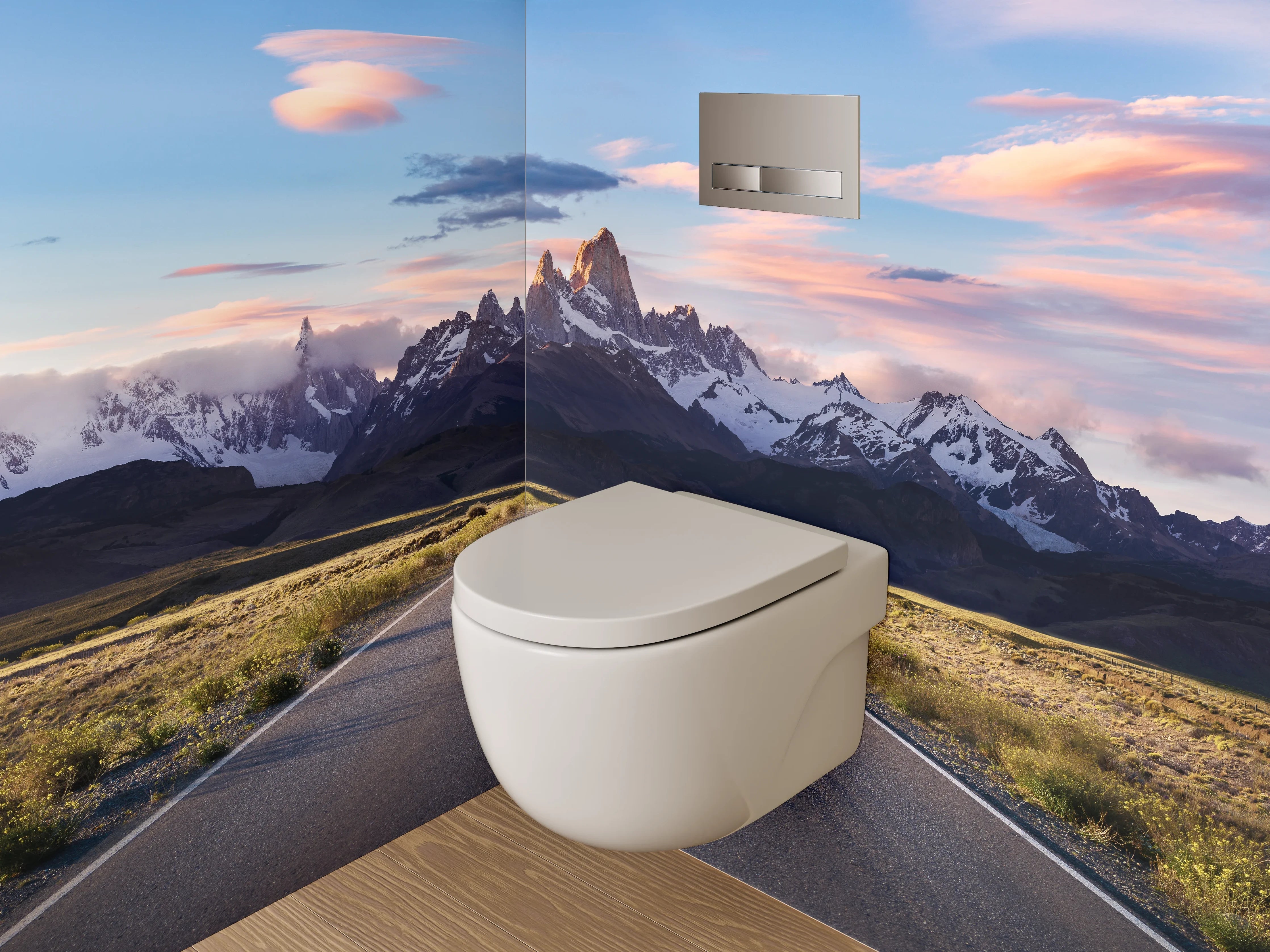 WC-Rückwand - Straße zum Sonnenaufgang am Gebirge