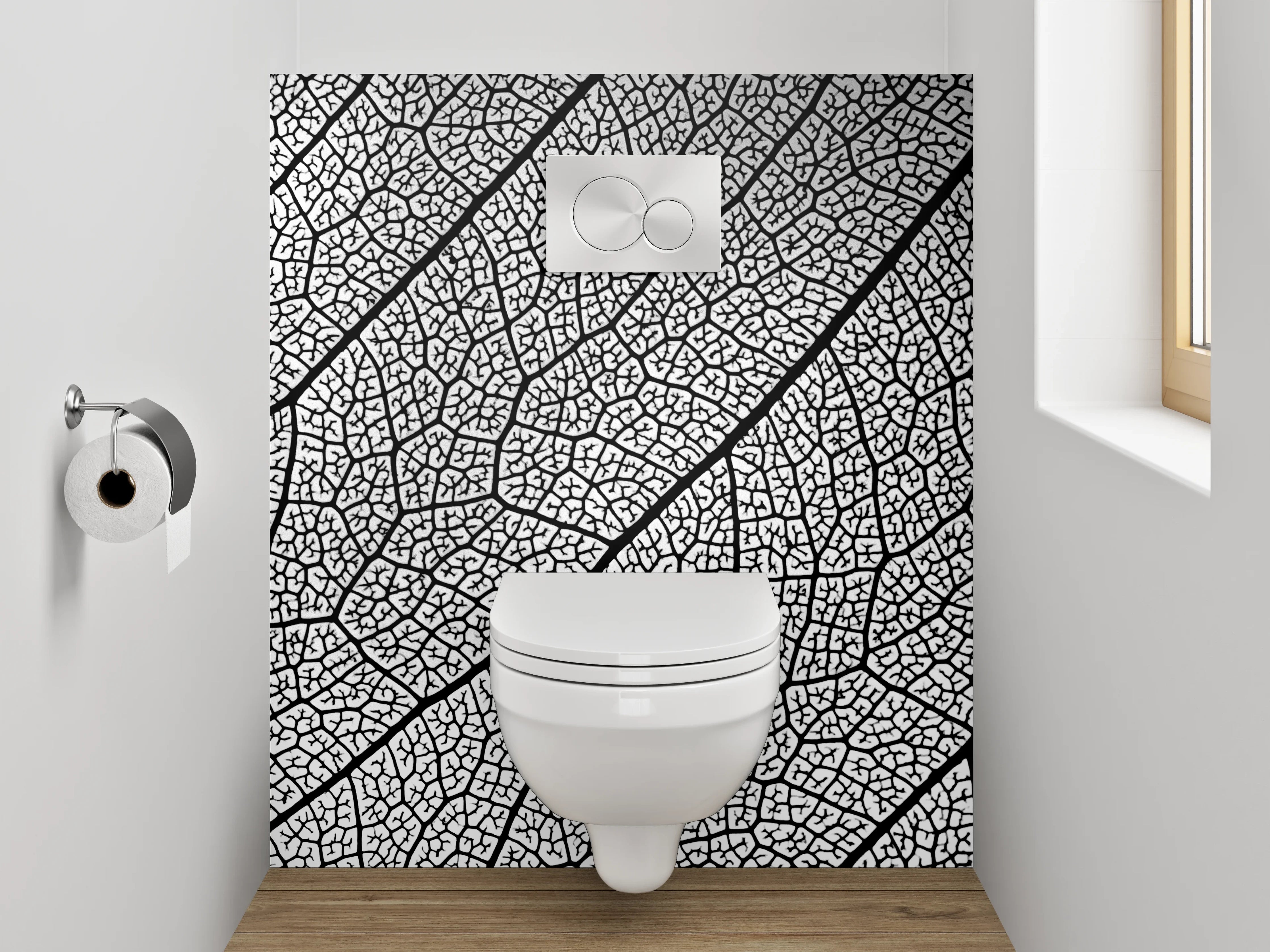 WC-Rückwand - Strukturierte Blattform Schwarz-Weiß Muster