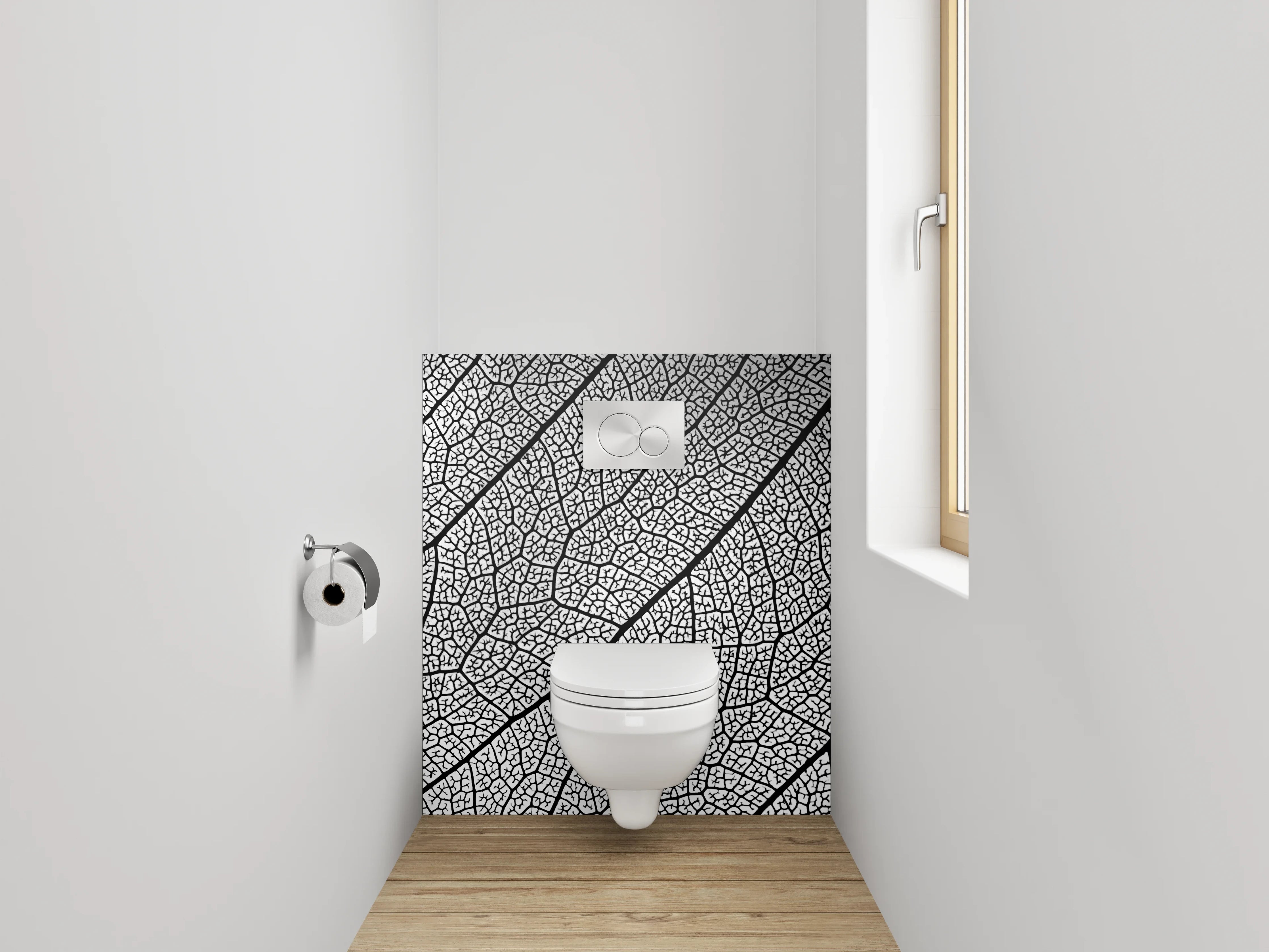 WC-Rückwand - Strukturierte Blattform Schwarz-Weiß Muster
