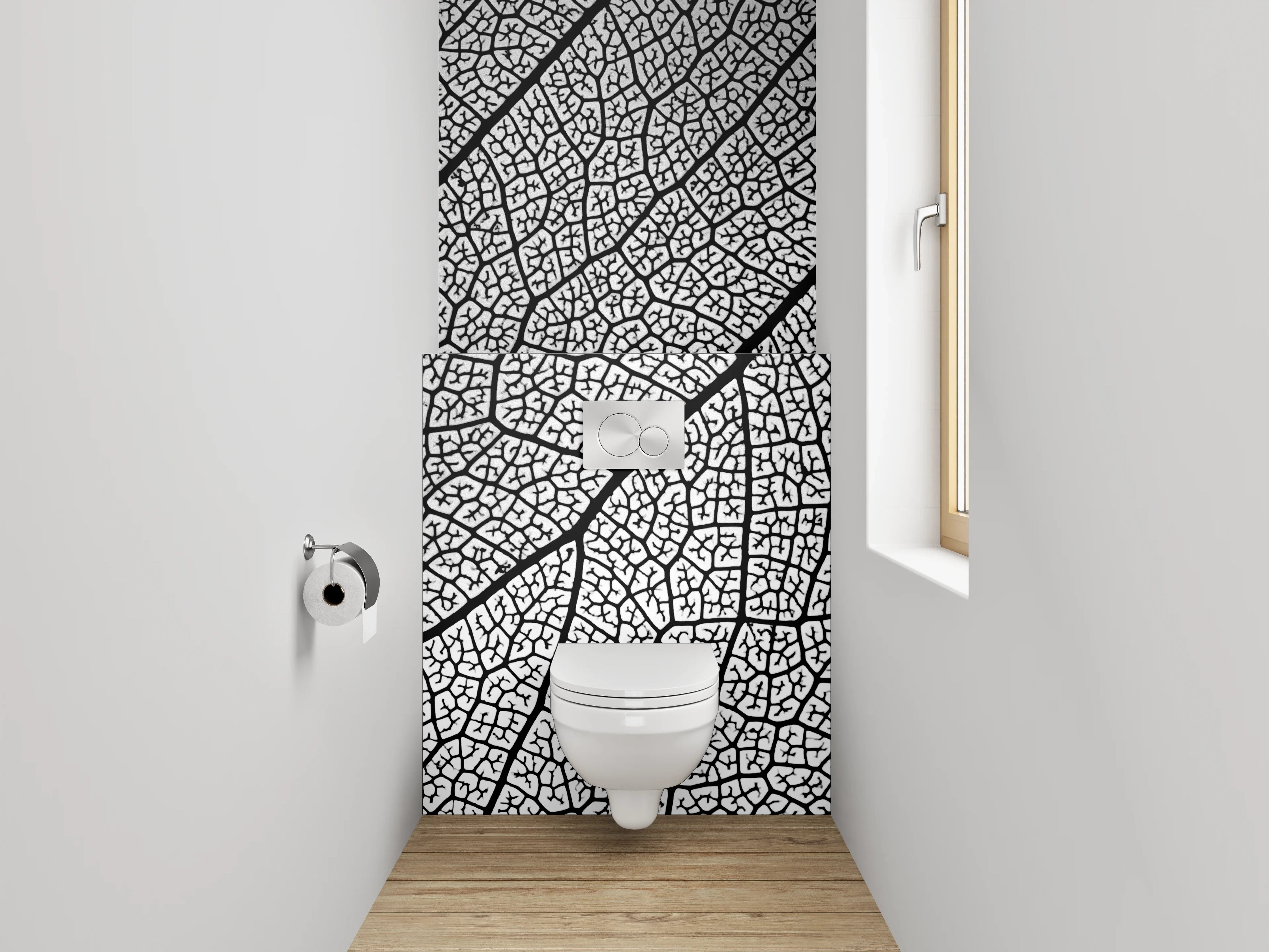 WC-Rückwand - Strukturierte Blattform Schwarz-Weiß Muster