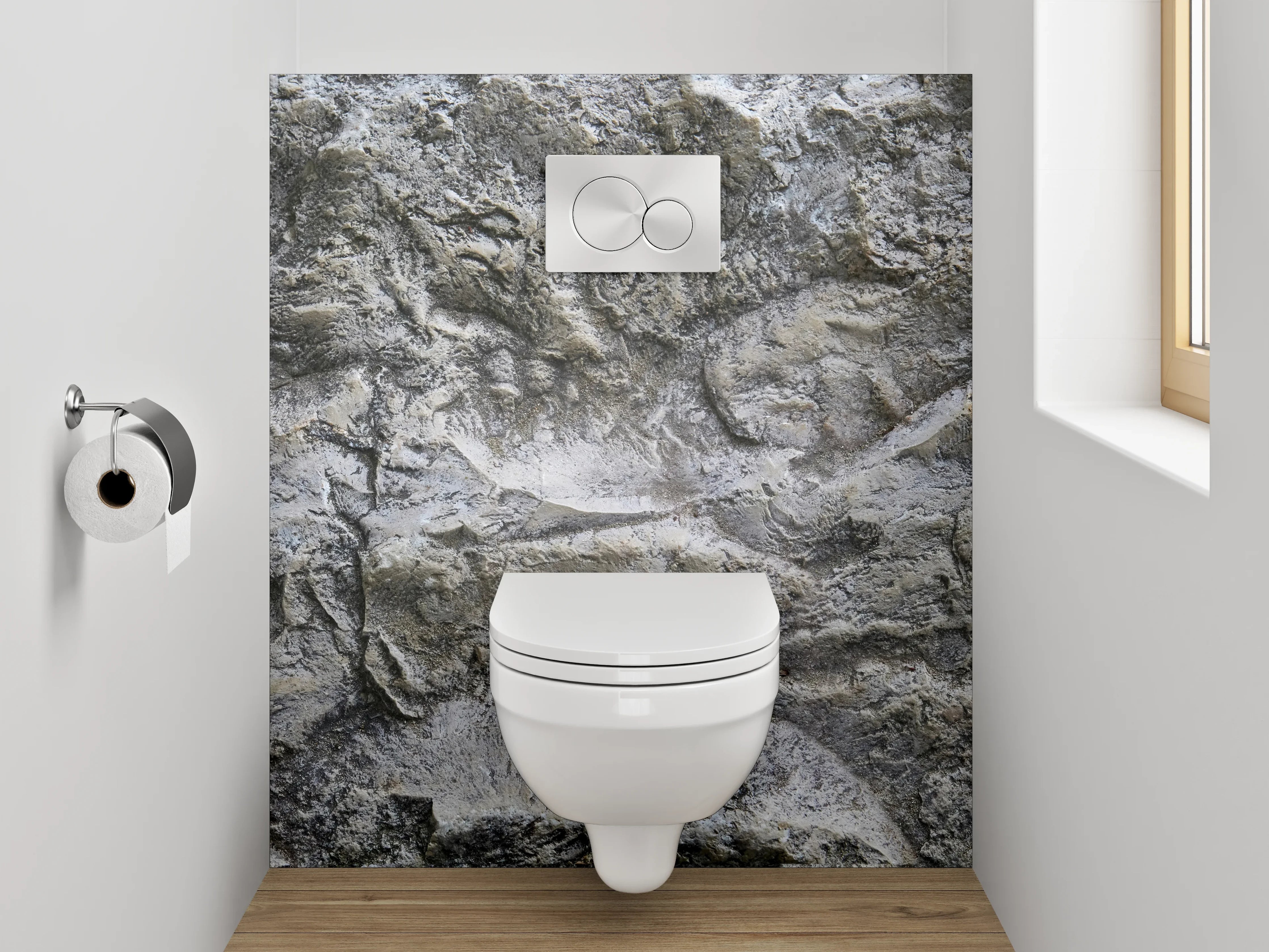 WC-Rückwand - Strukturierter Kalkstein in Grau-Weiß