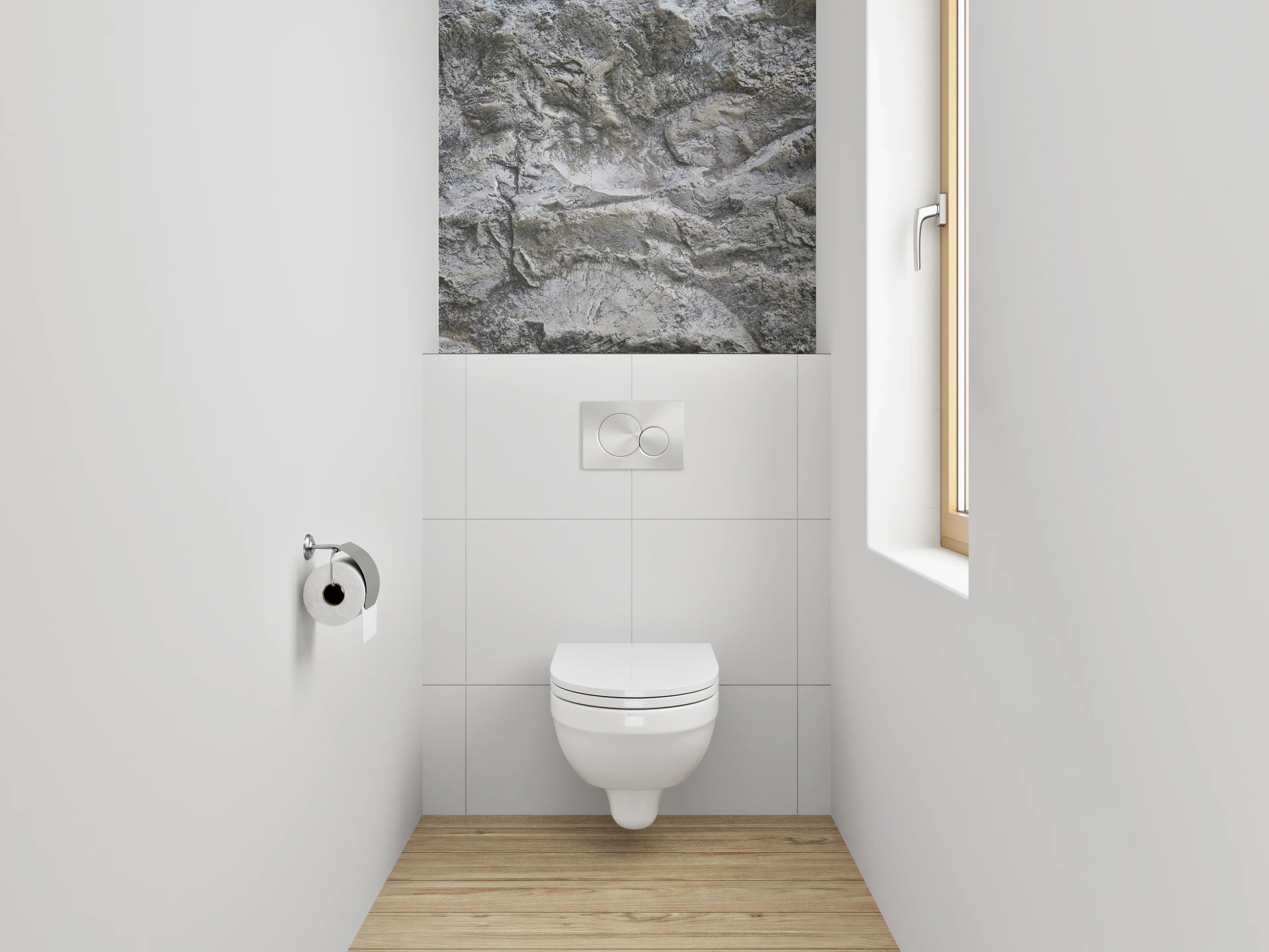 WC-Rückwand - Strukturierter Kalkstein in Grau-Weiß