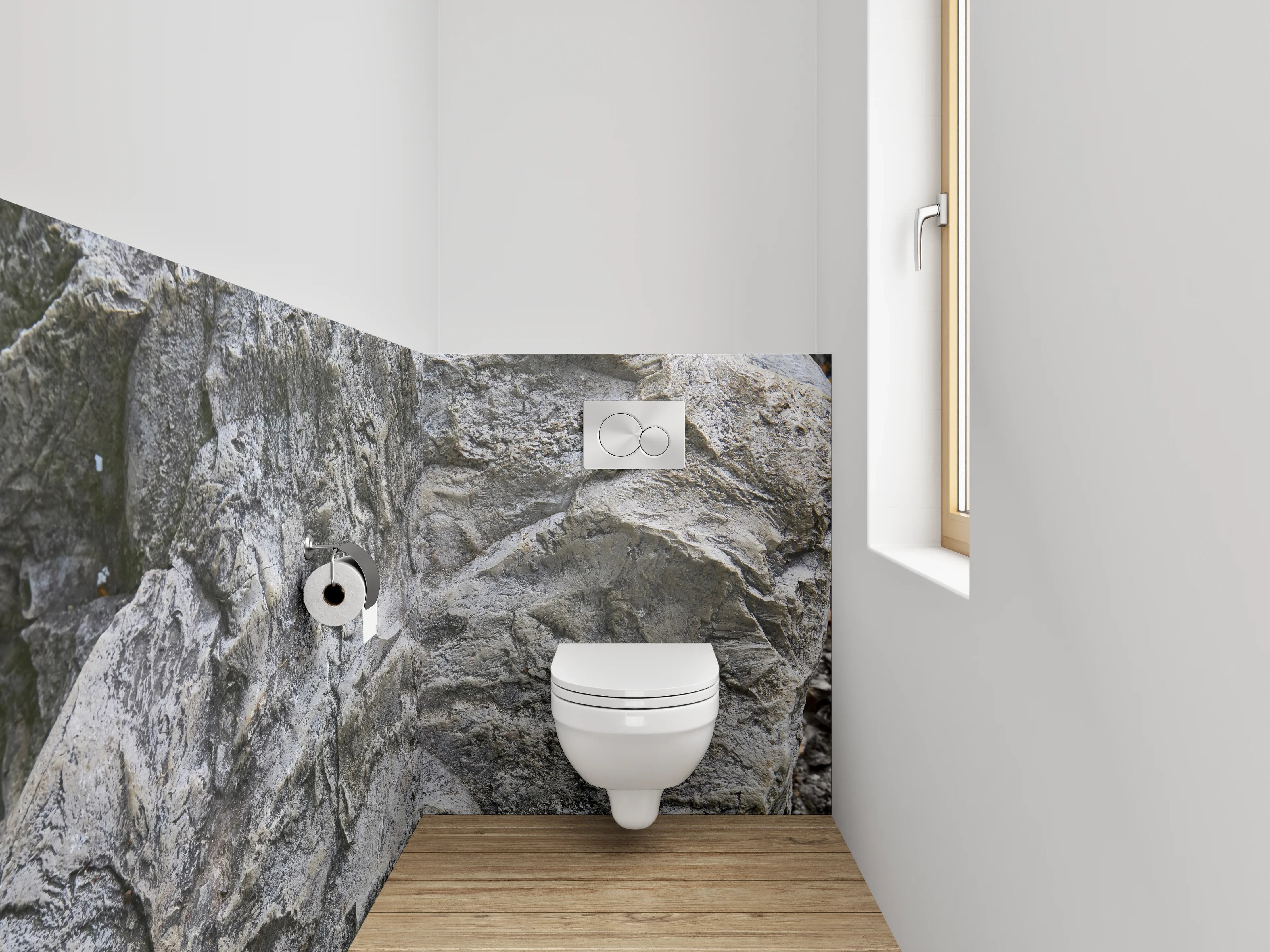 WC-Rückwand - Strukturierter Kalkstein in Grau-Weiß