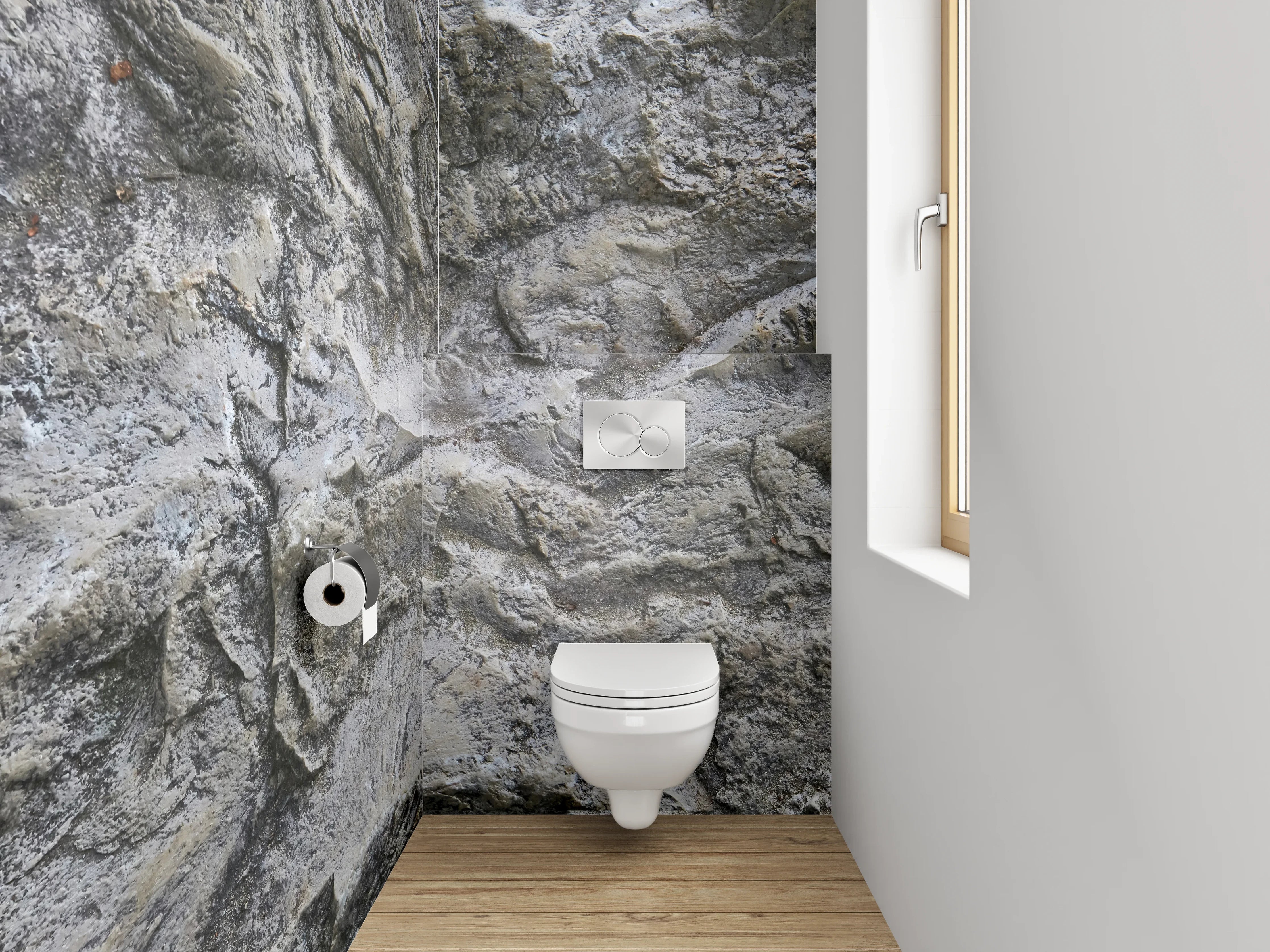 WC-Rückwand - Strukturierter Kalkstein in Grau-Weiß