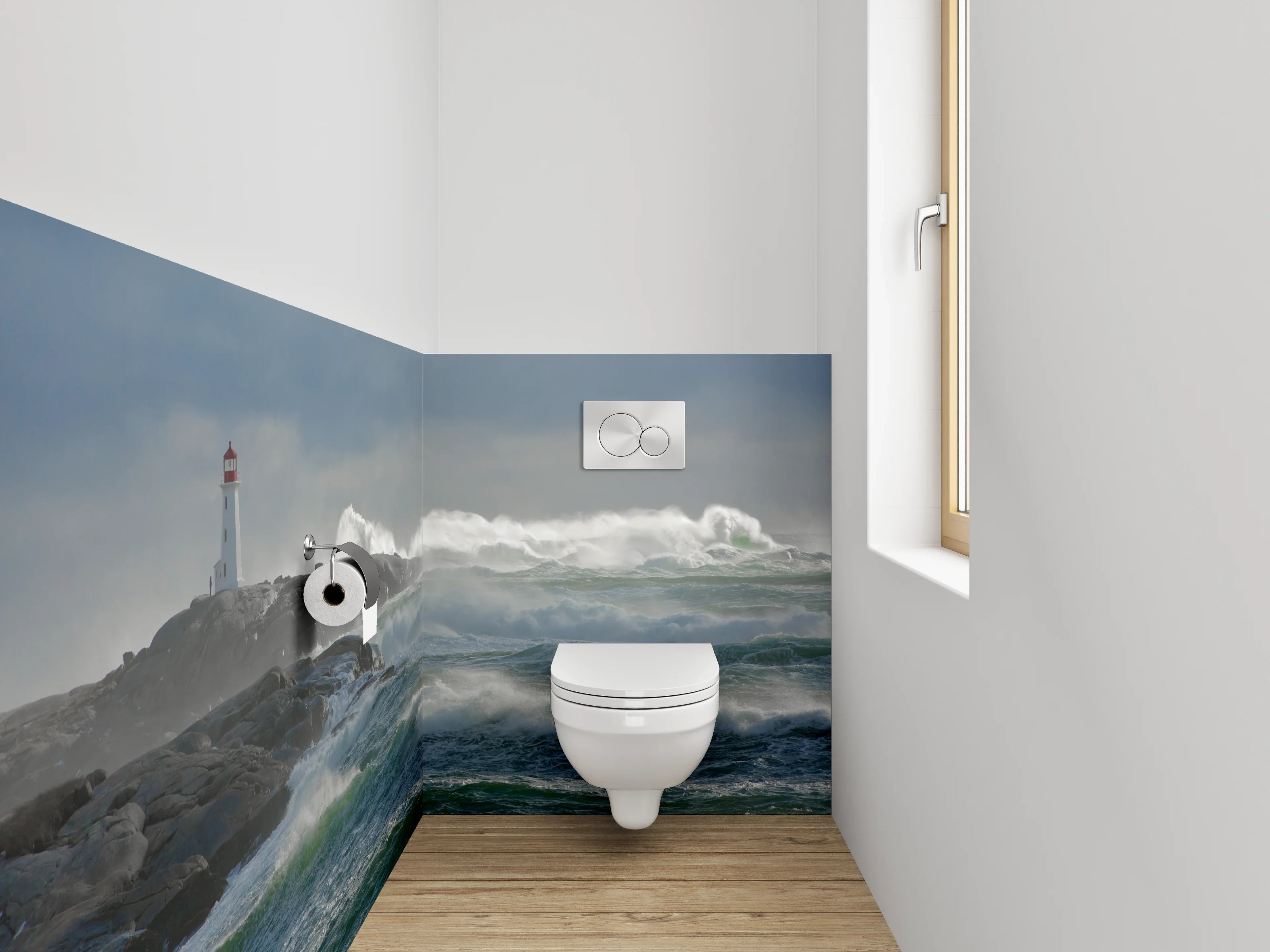 WC-Rückwand - Sturmwellen am Leuchtturm – Küstenblick