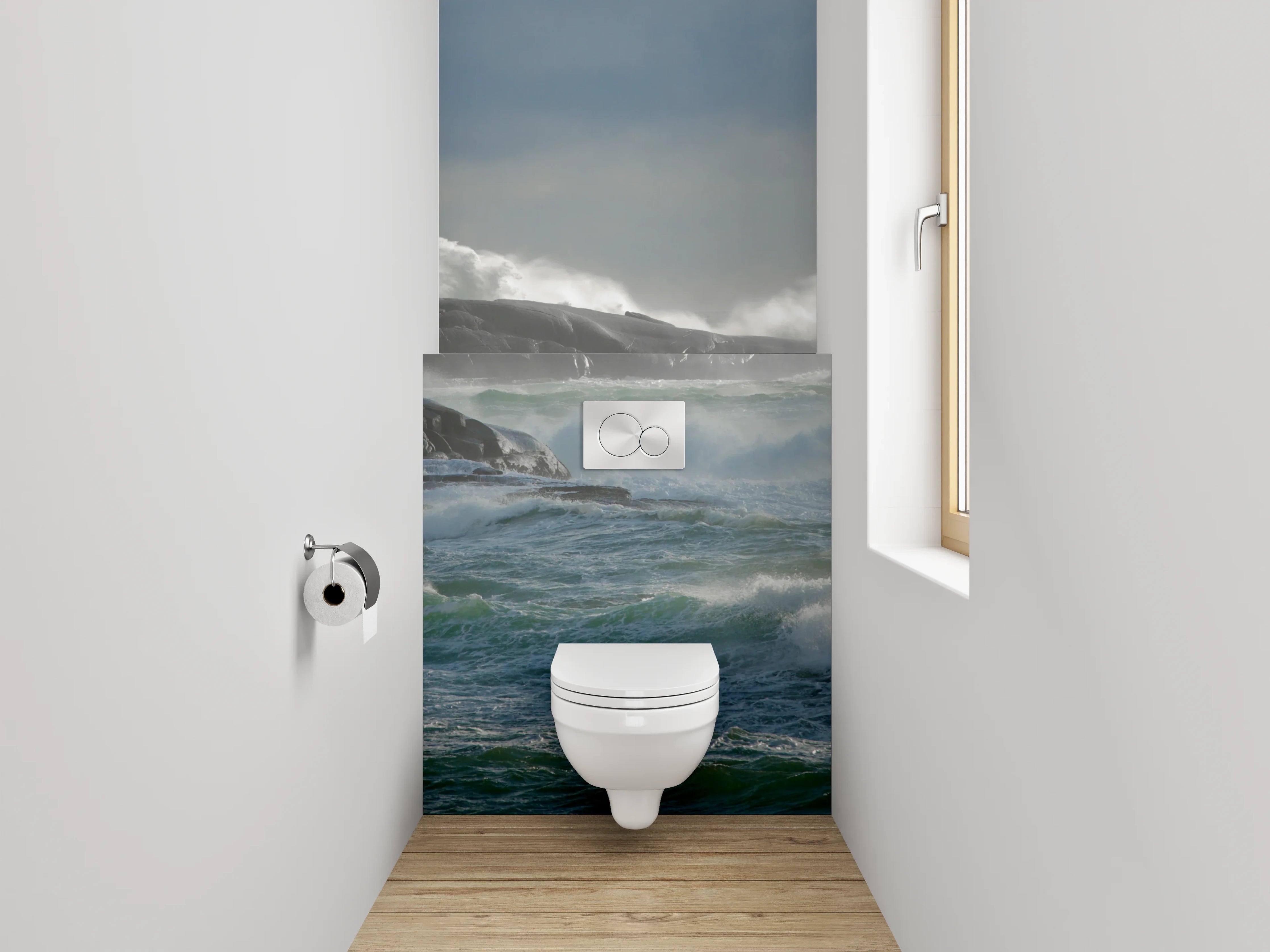 WC-Rückwand - Sturmwellen am Leuchtturm – Küstenblick