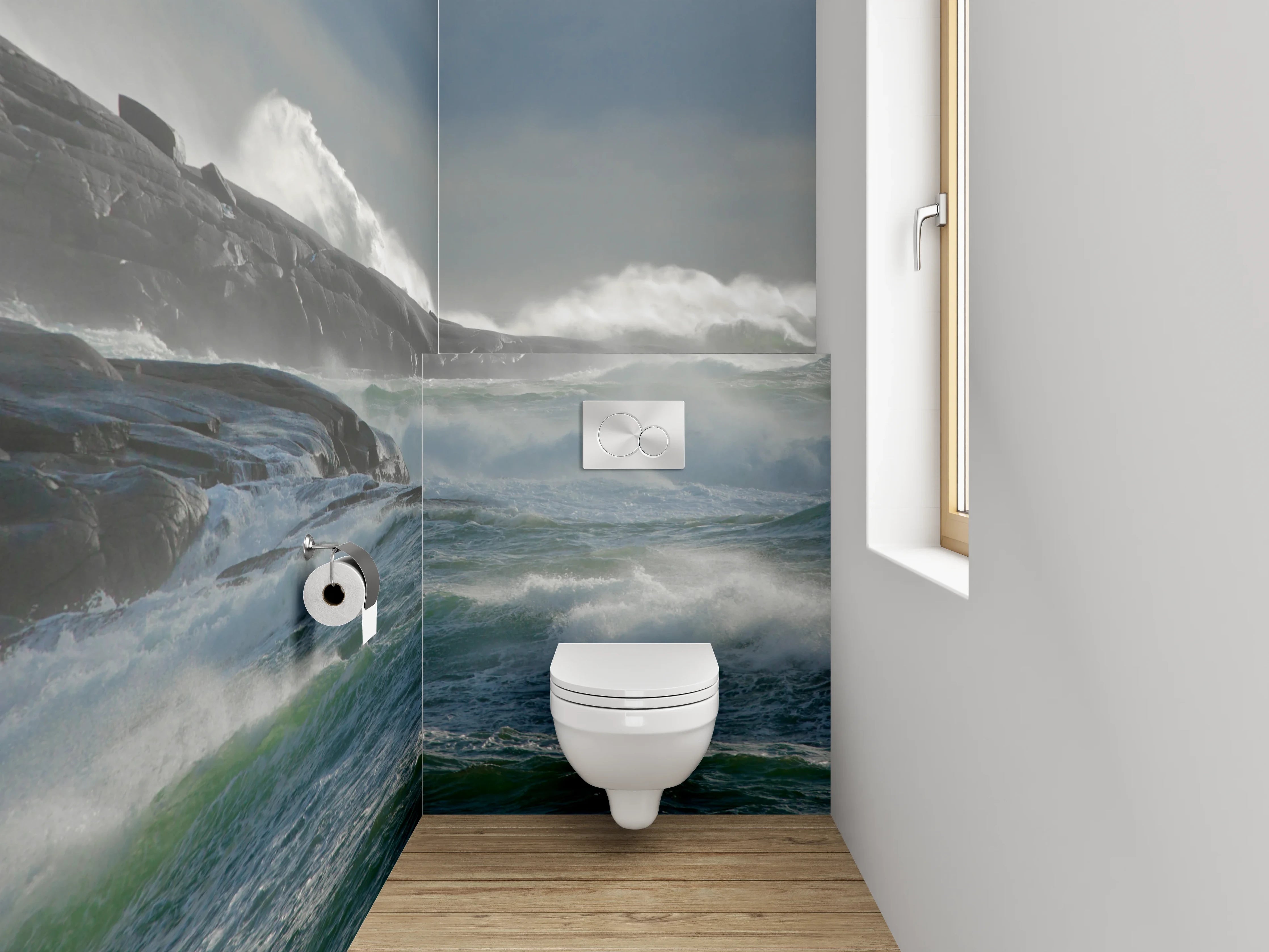 WC-Rückwand - Sturmwellen am Leuchtturm – Küstenblick