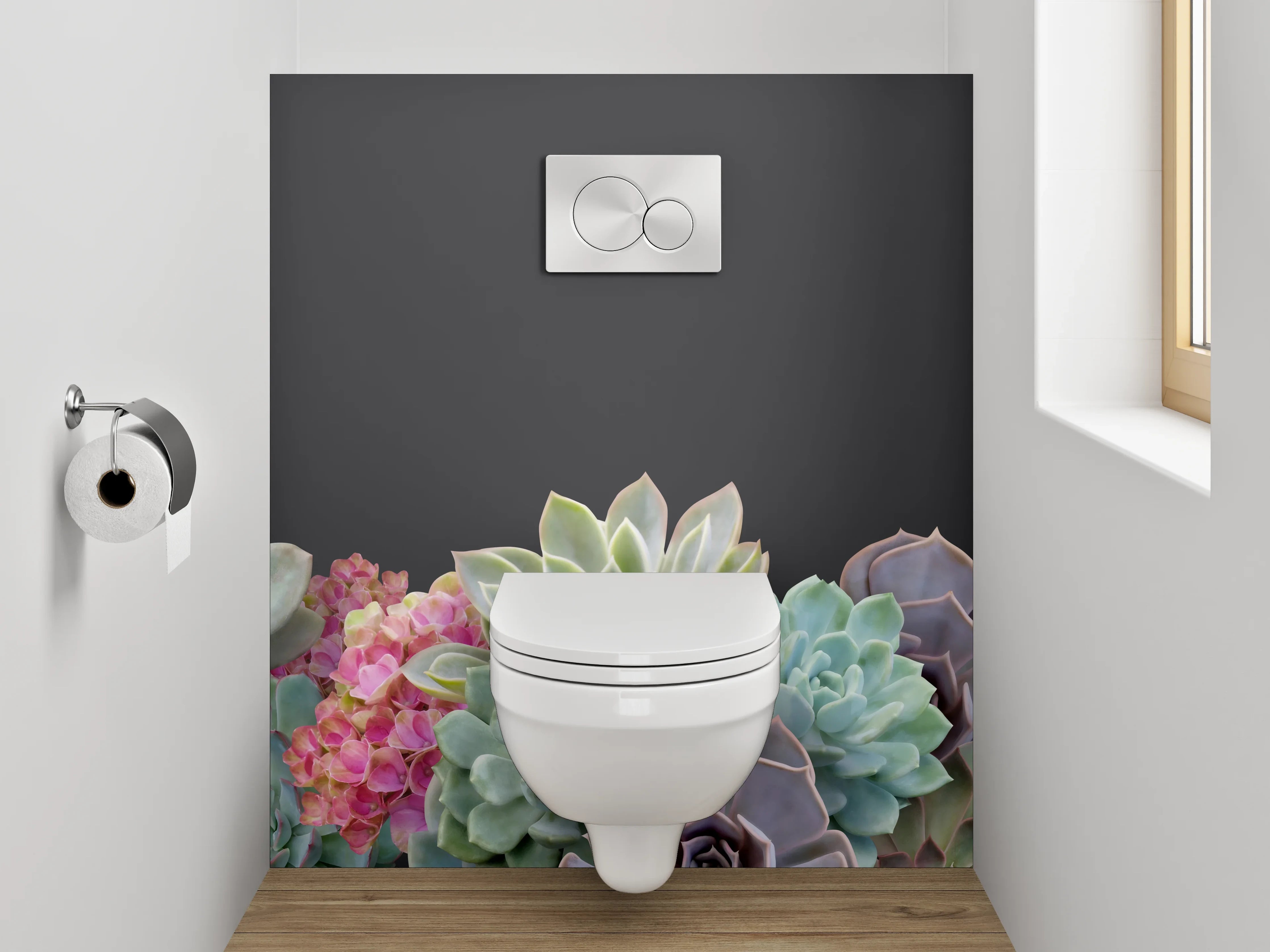WC-Rückwand - Sukkulenten Blumen Aquarell auf Dunkelgrau