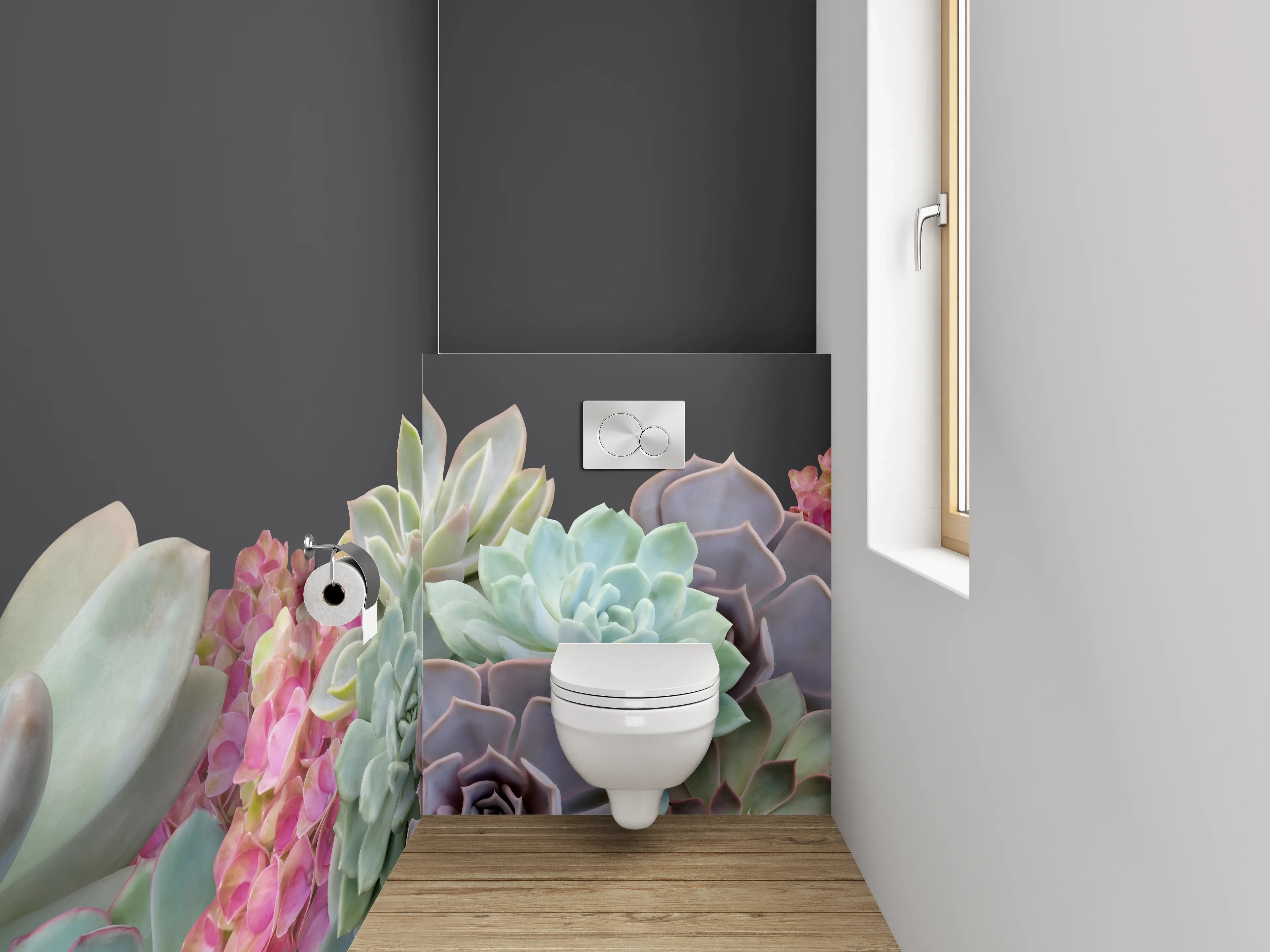 WC-Rückwand - Sukkulenten Blumen Aquarell auf Dunkelgrau