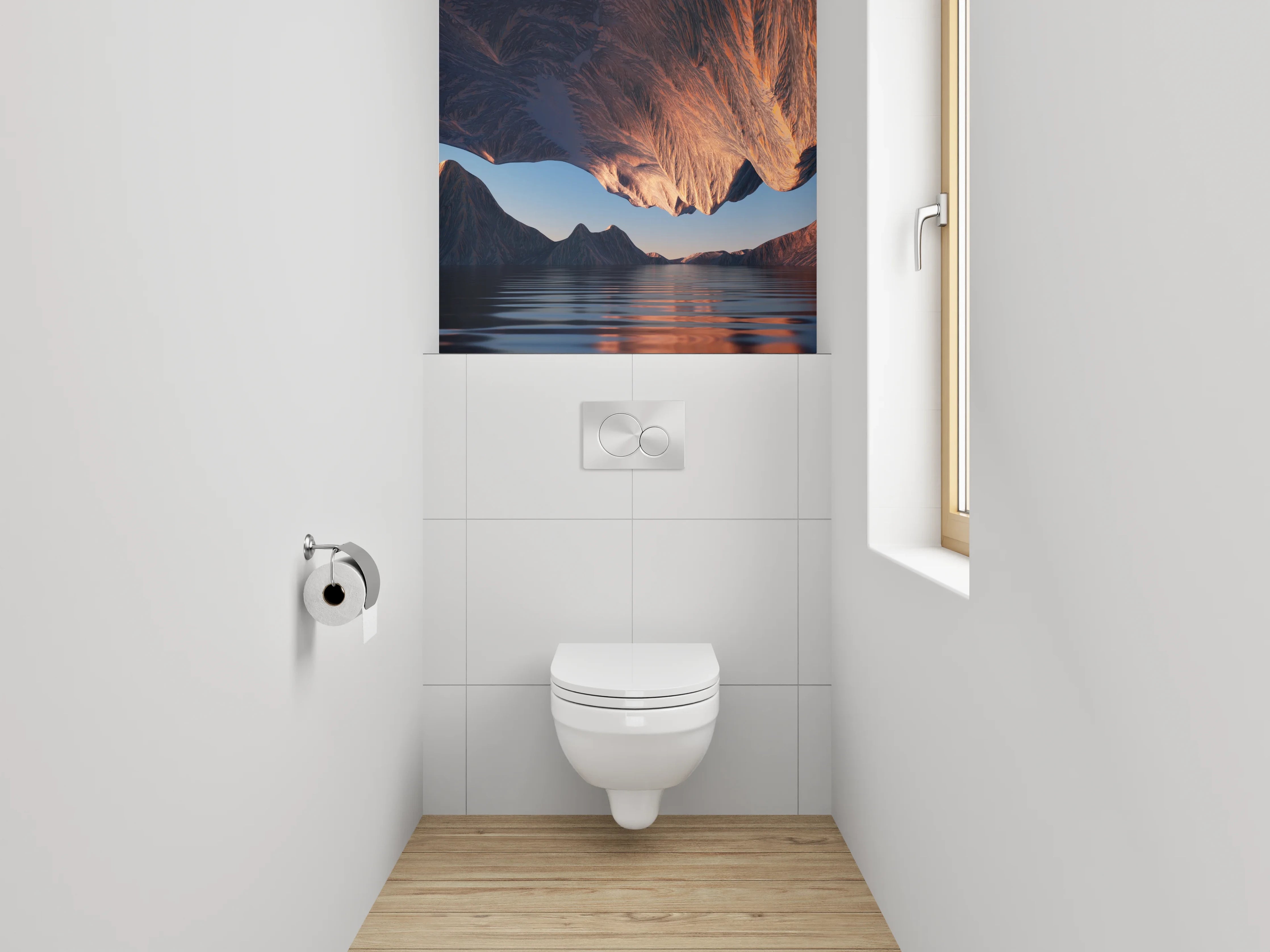 WC-Rückwand - Surreale Berglandschaft mit spiegelndem Wasser