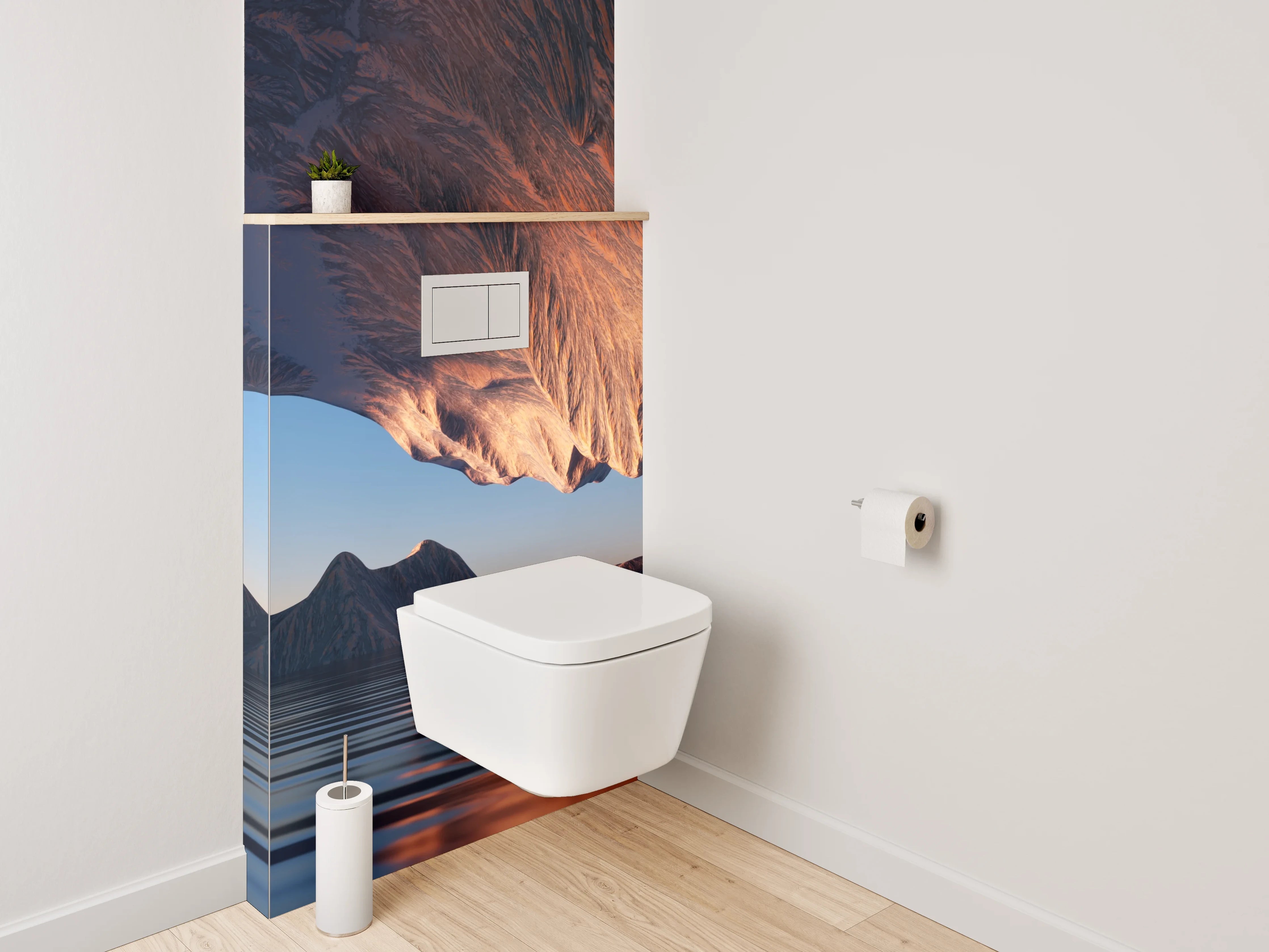WC-Rückwand - Surreale Berglandschaft mit spiegelndem Wasser