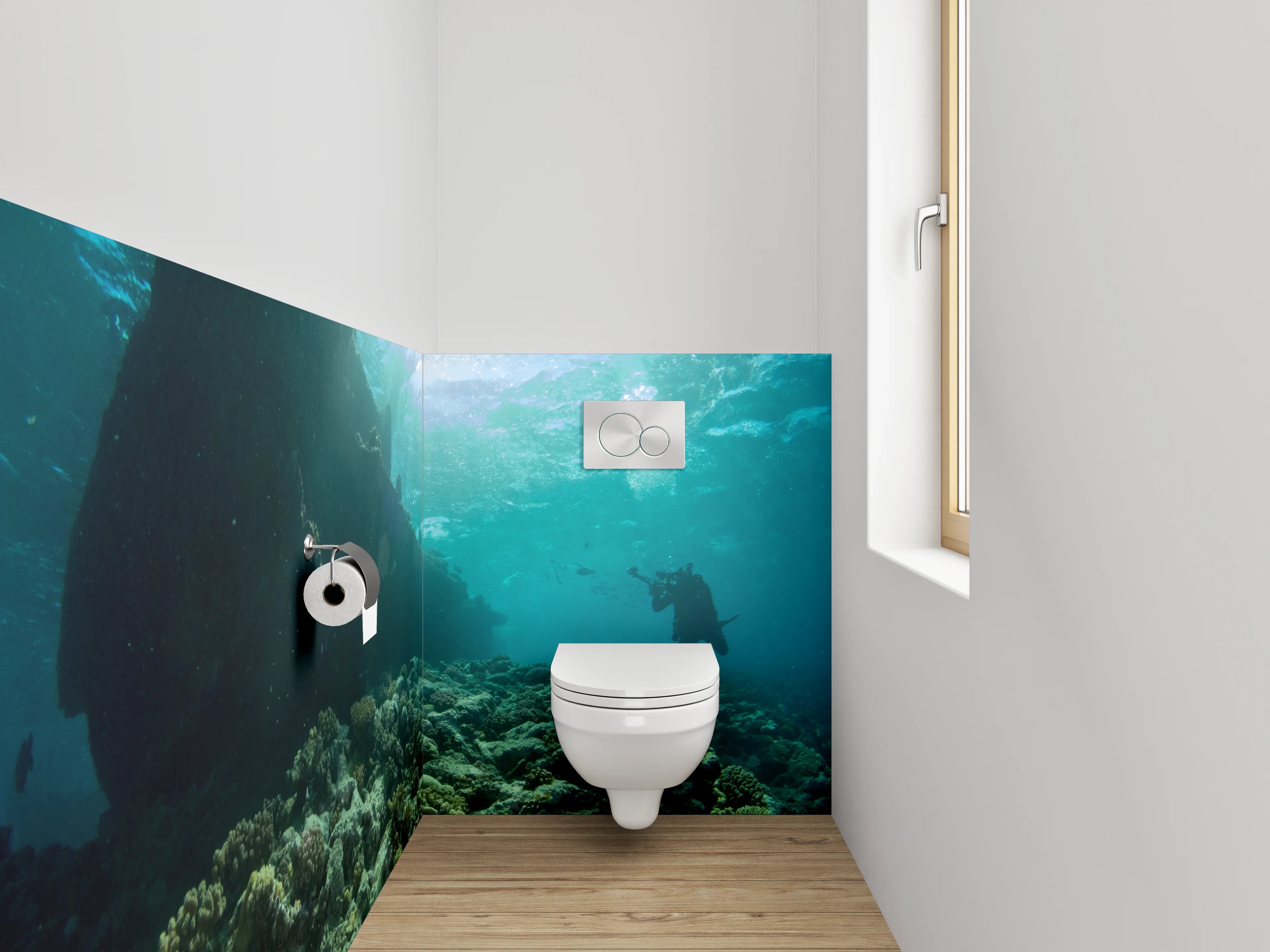 WC-Rückwand - Taucher am Korallenriff mit Schiffswrack