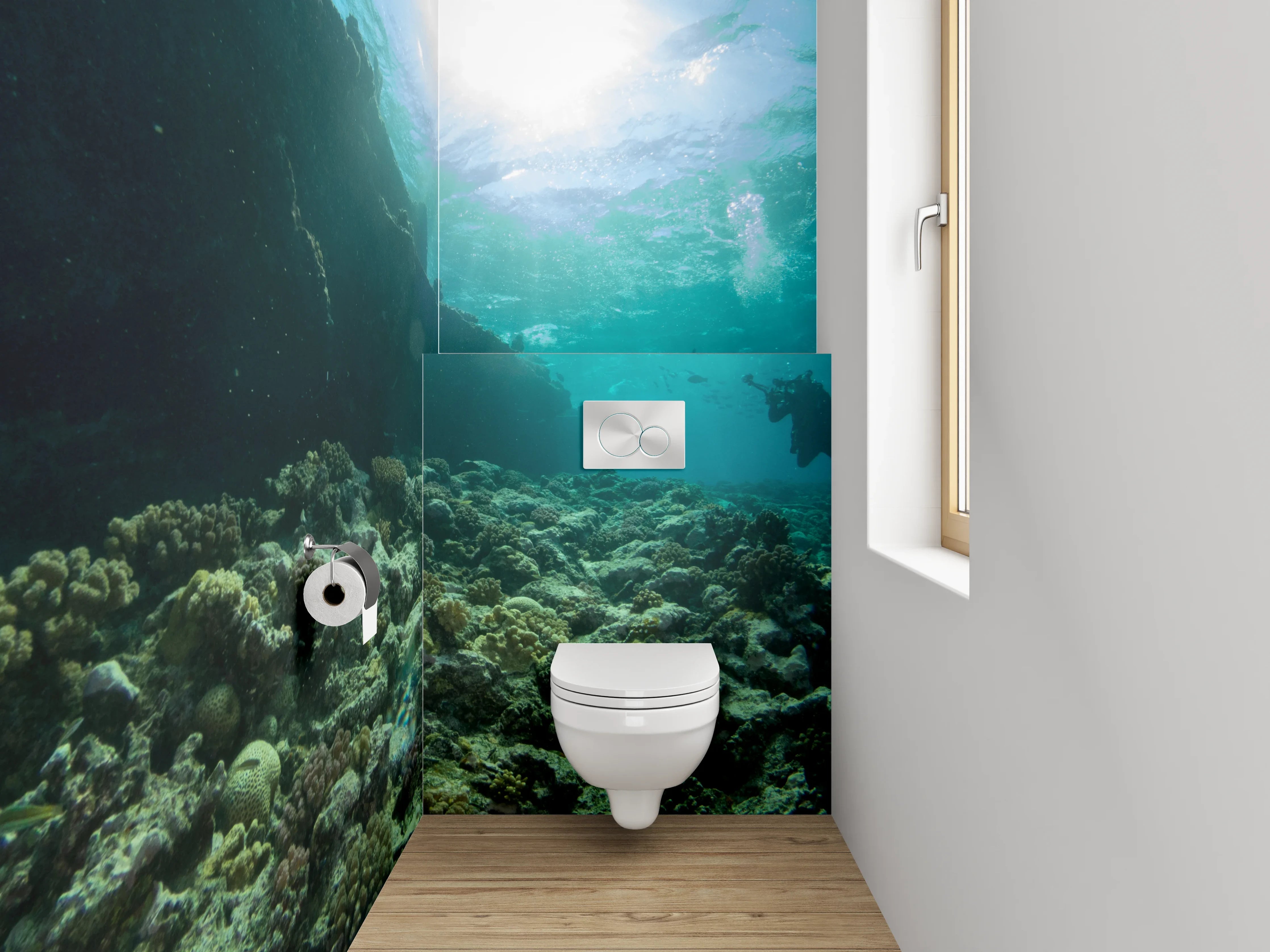 WC-Rückwand - Taucher am Korallenriff mit Schiffswrack