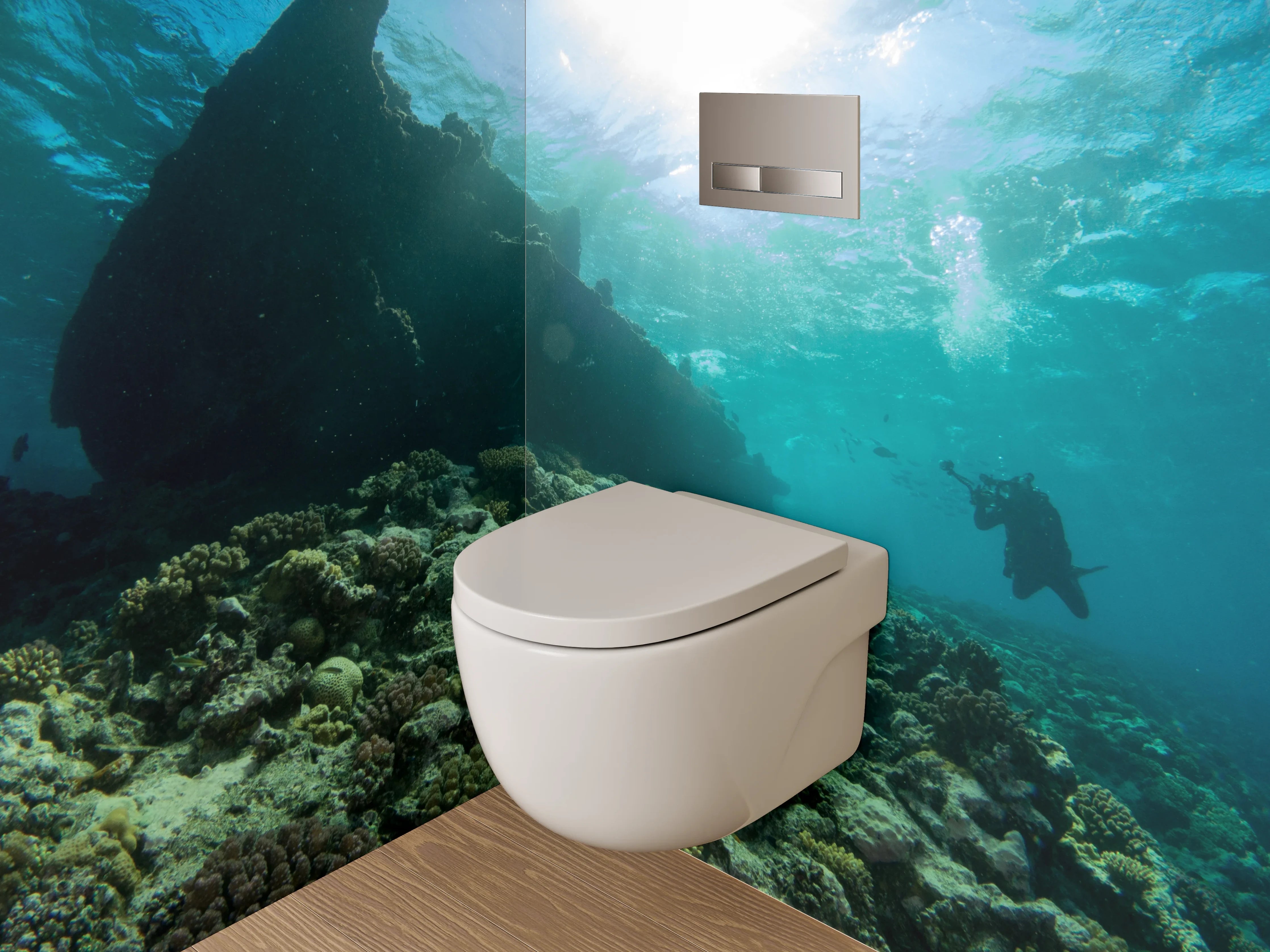 WC-Rückwand - Taucher am Korallenriff mit Schiffswrack