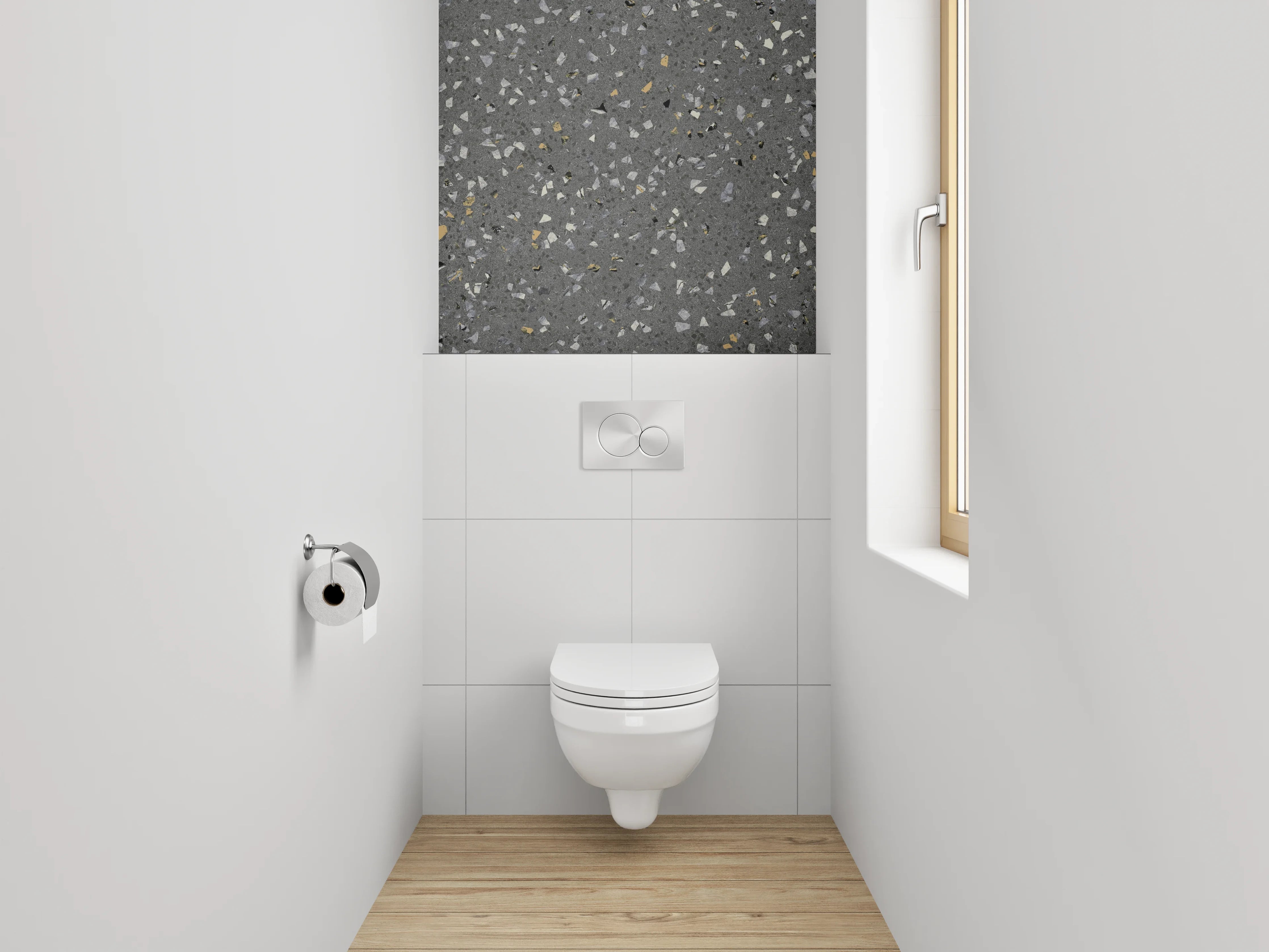 WC-Rückwand - Terrazzo-Optik Grau mit Farbakzenten