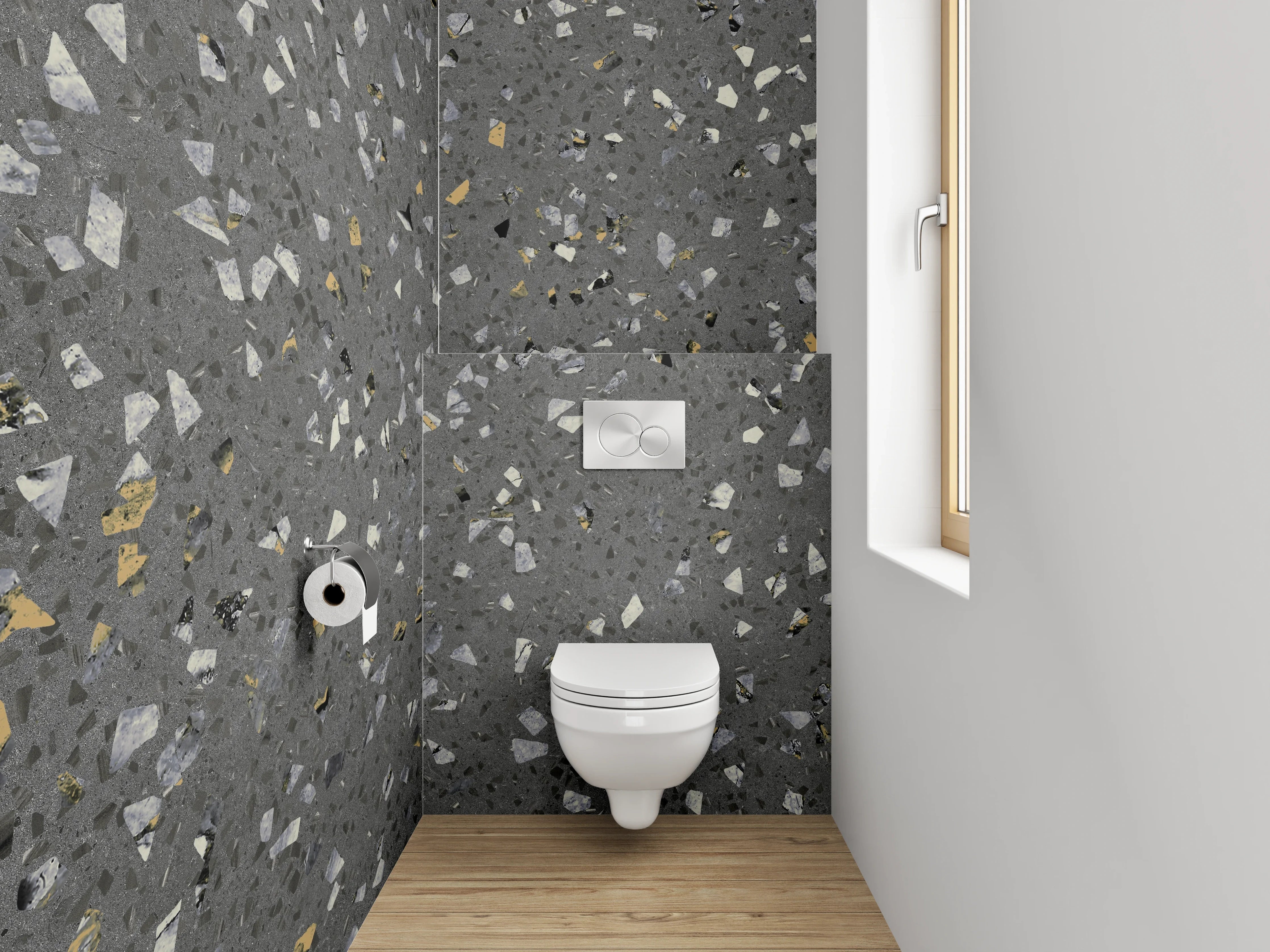 WC-Rückwand - Terrazzo-Optik Grau mit Farbakzenten