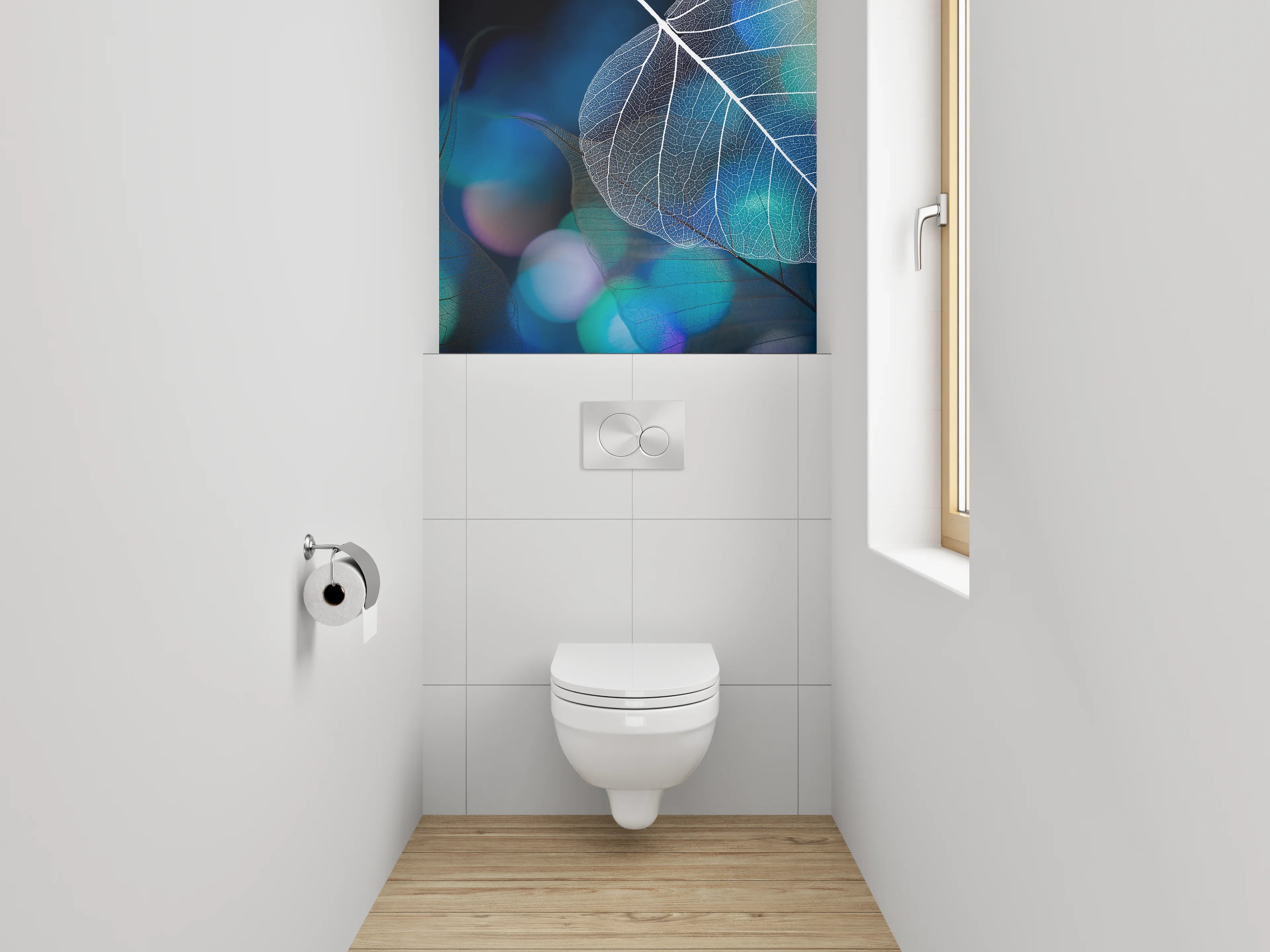 WC-Rückwand - Transparente Blätter auf Blau-Schwarz