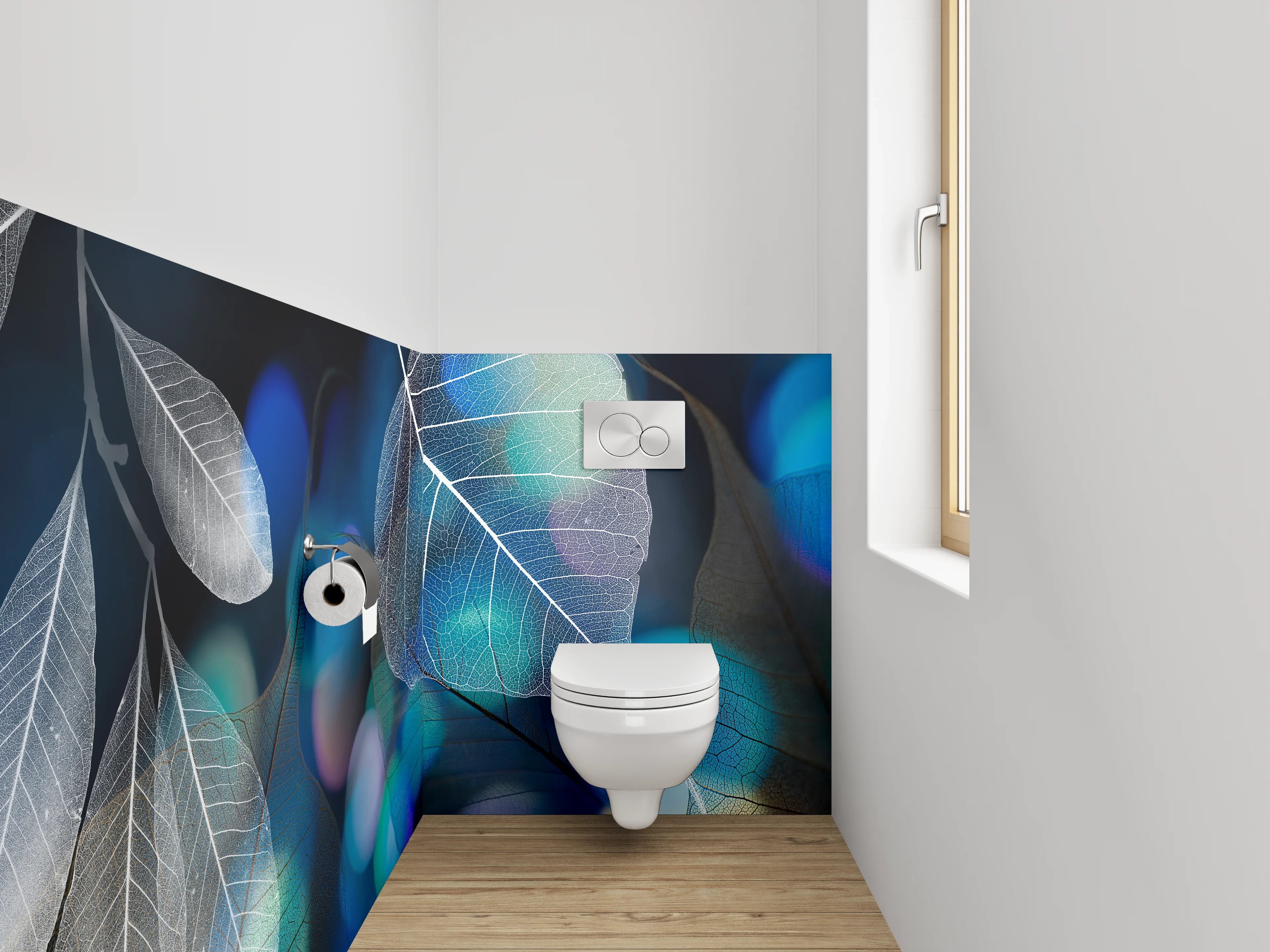 WC-Rückwand - Transparente Blätter auf Blau-Schwarz