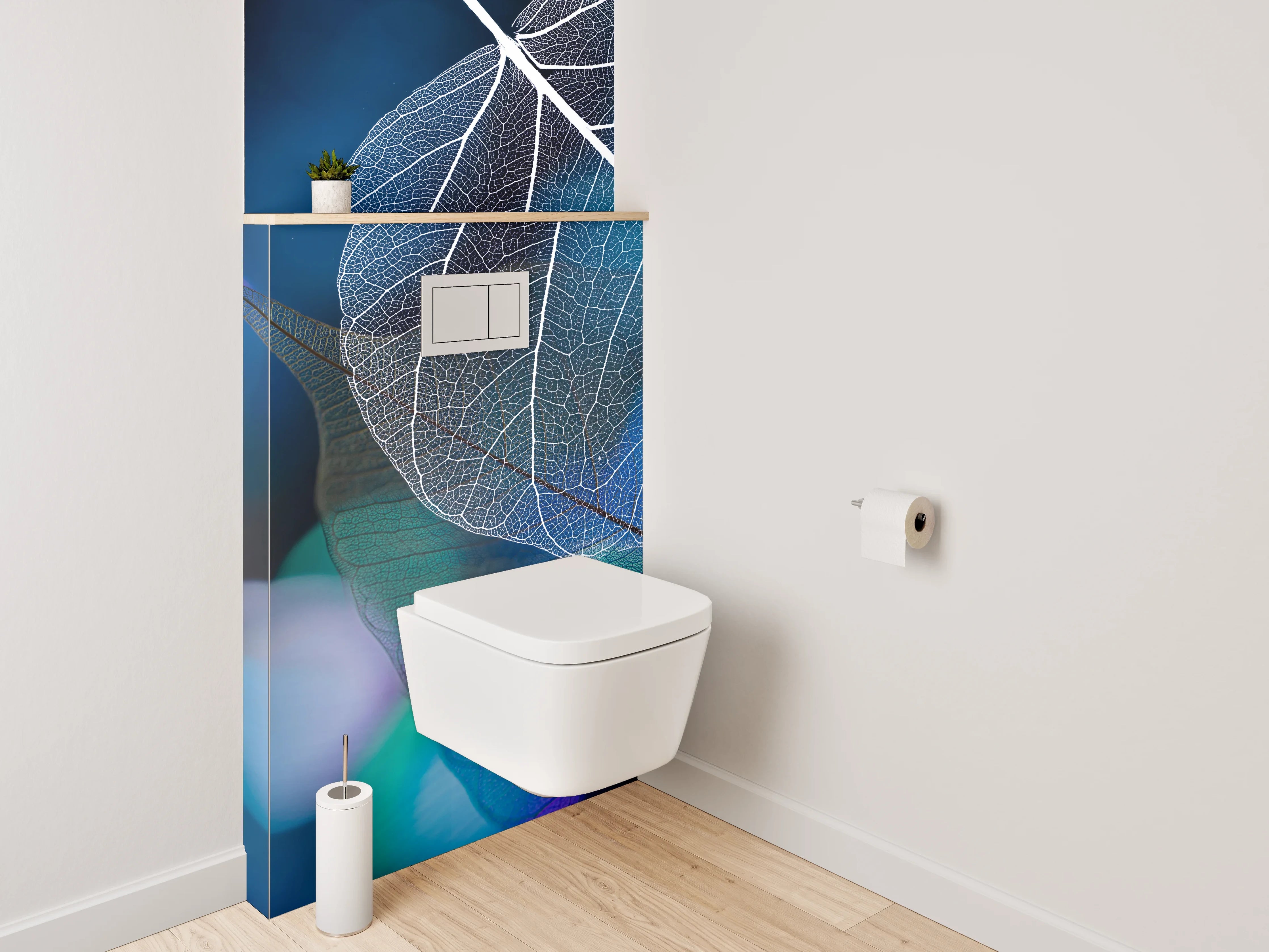 WC-Rückwand - Transparente Blätter auf Blau-Schwarz