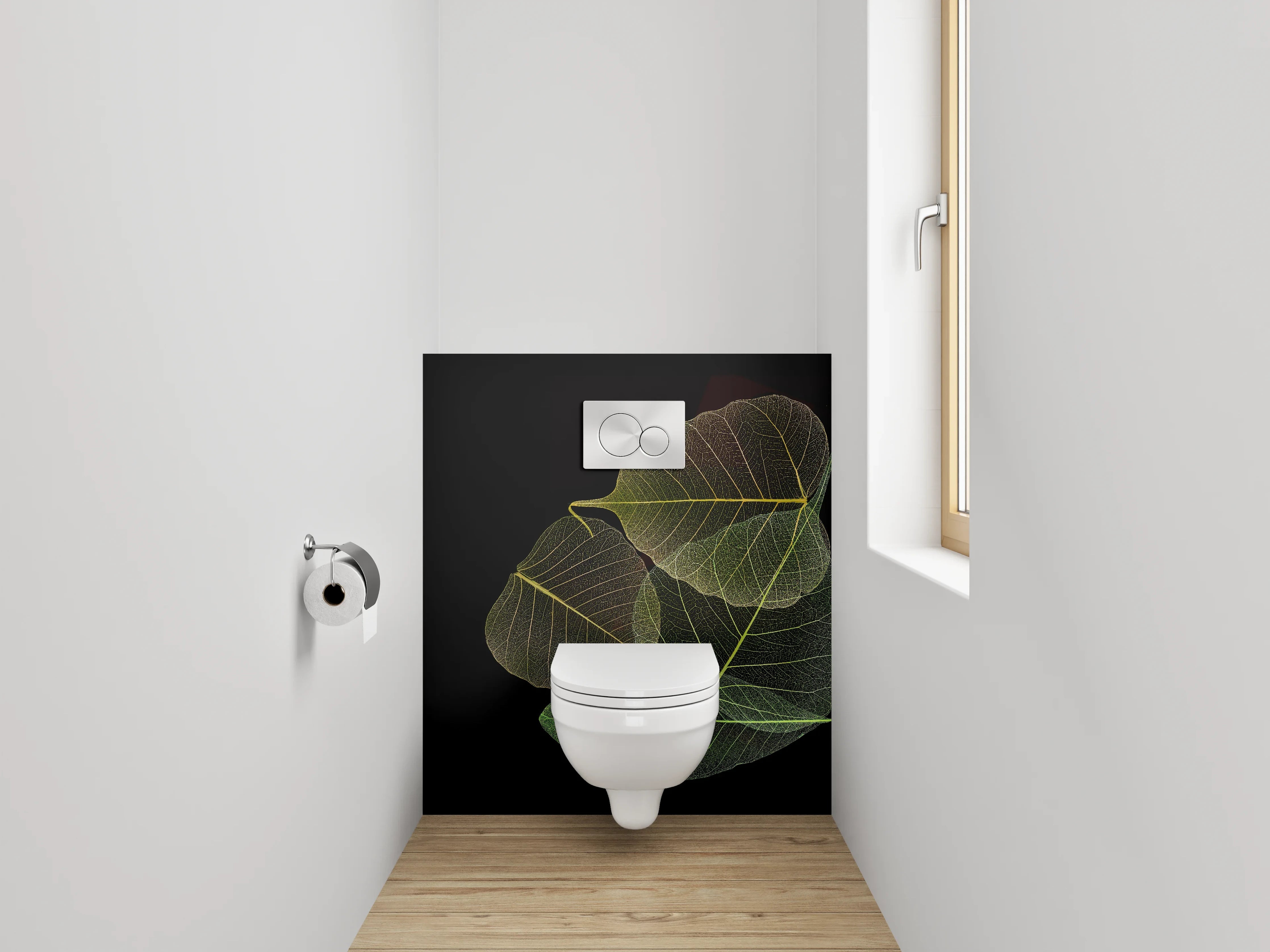 WC-Rückwand - Transparente Blätter auf Schwarz