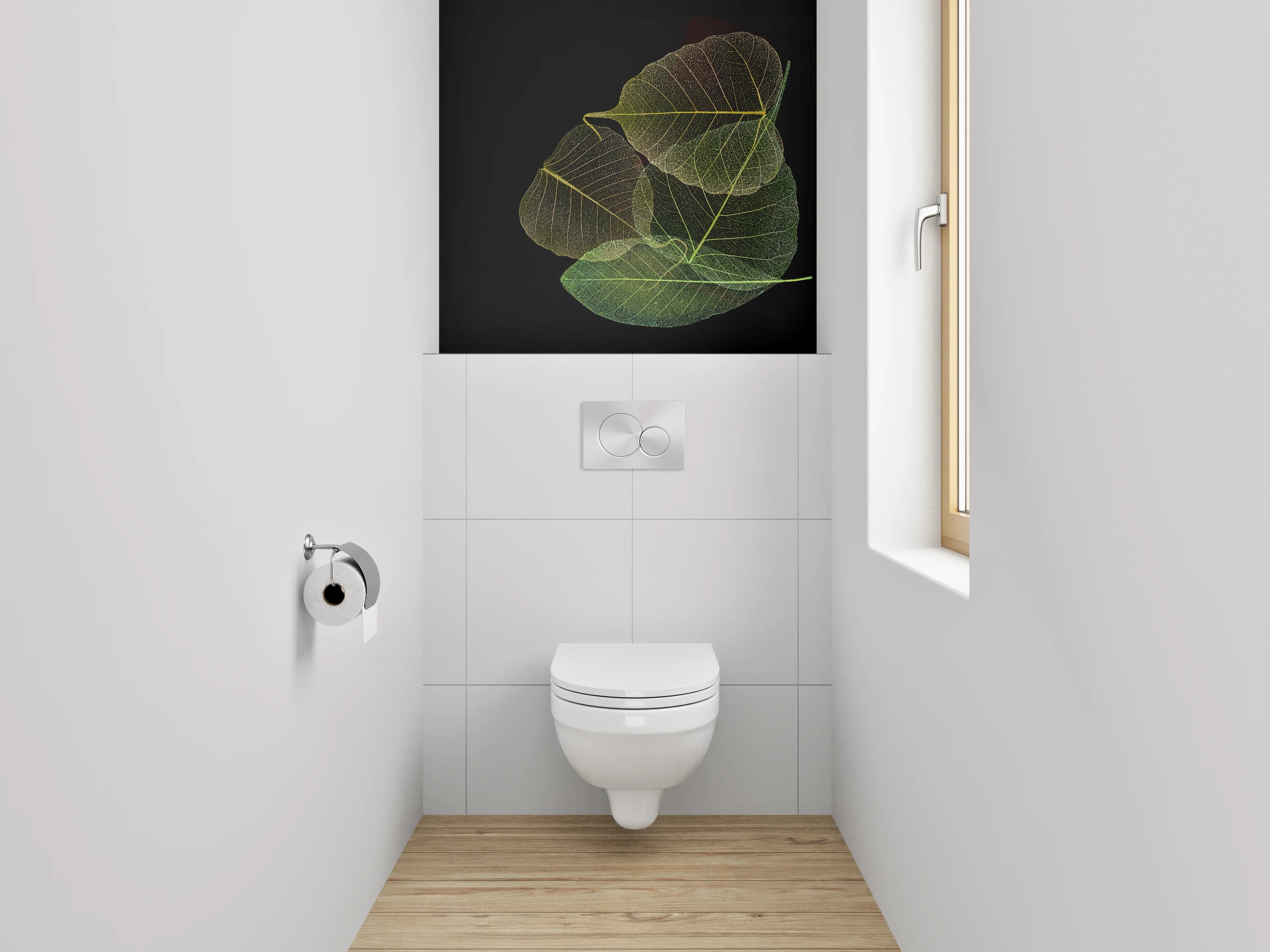WC-Rückwand - Transparente Blätter auf Schwarz