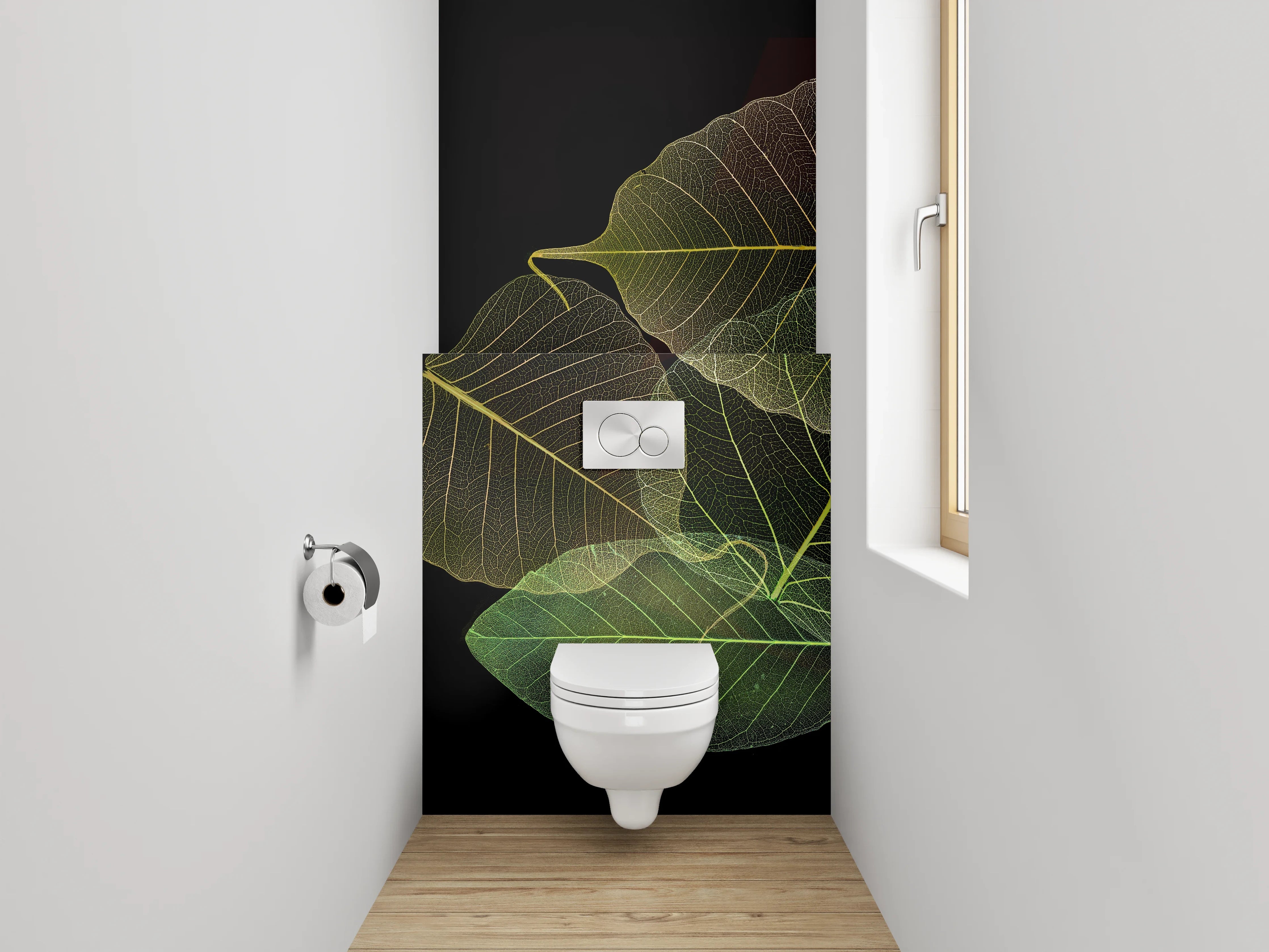 WC-Rückwand - Transparente Blätter auf Schwarz